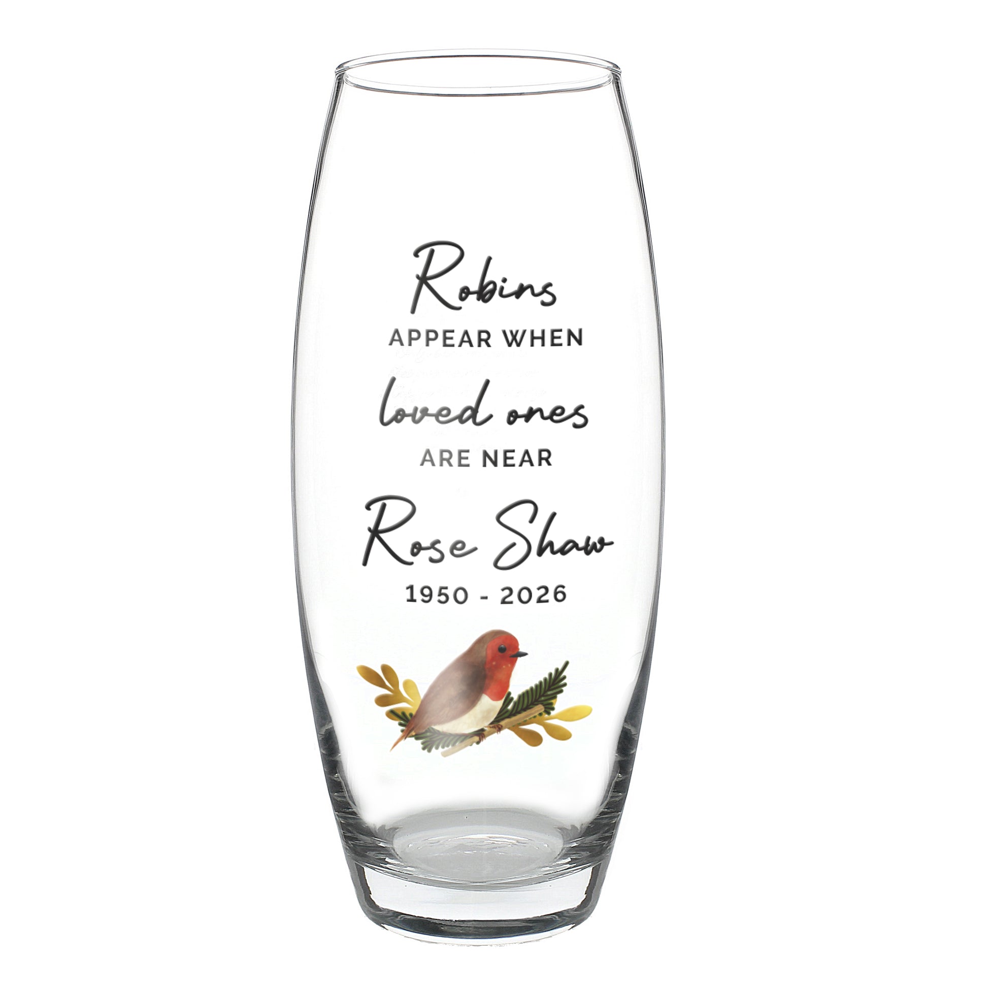 Clear glass with engraved text and a robin illustration on a white background