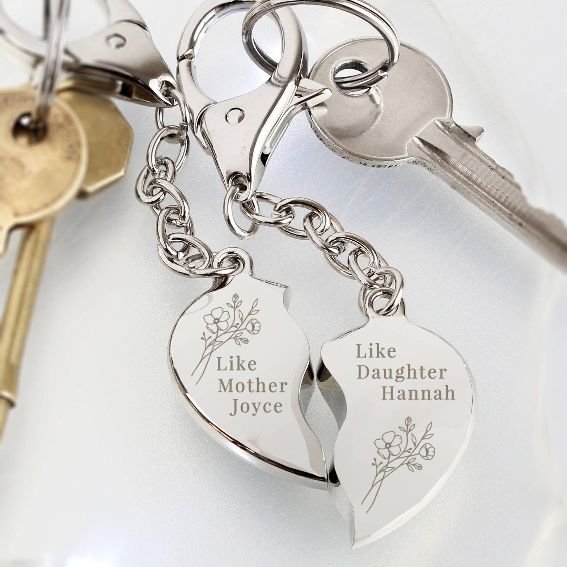 Personalised Mother Daughter Keyring shown with key and the message Like mother Joyce and Like Daughter Hannah.