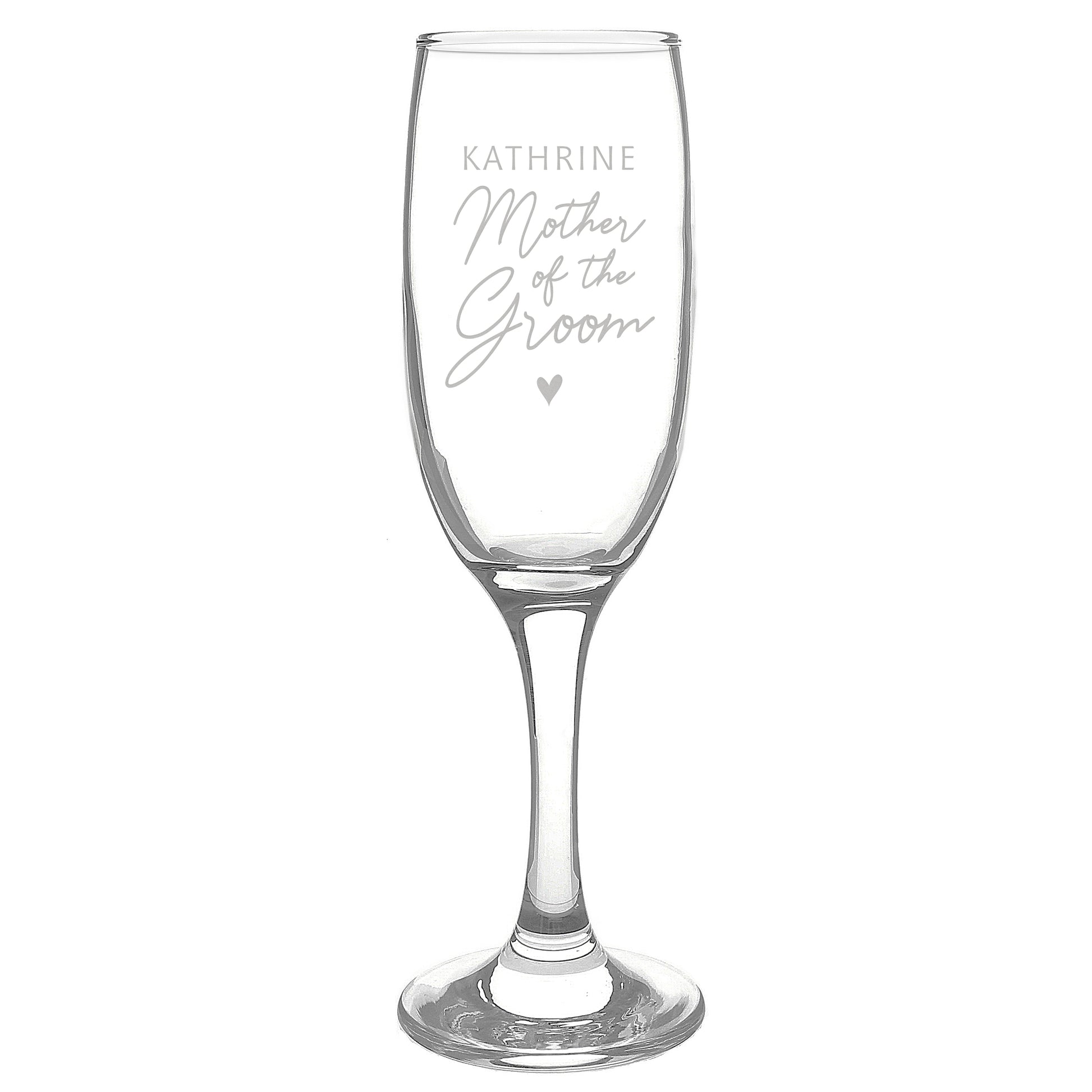 Clear glass wine glass with engraved text 'Katharine Mother of the Groom' on a white background