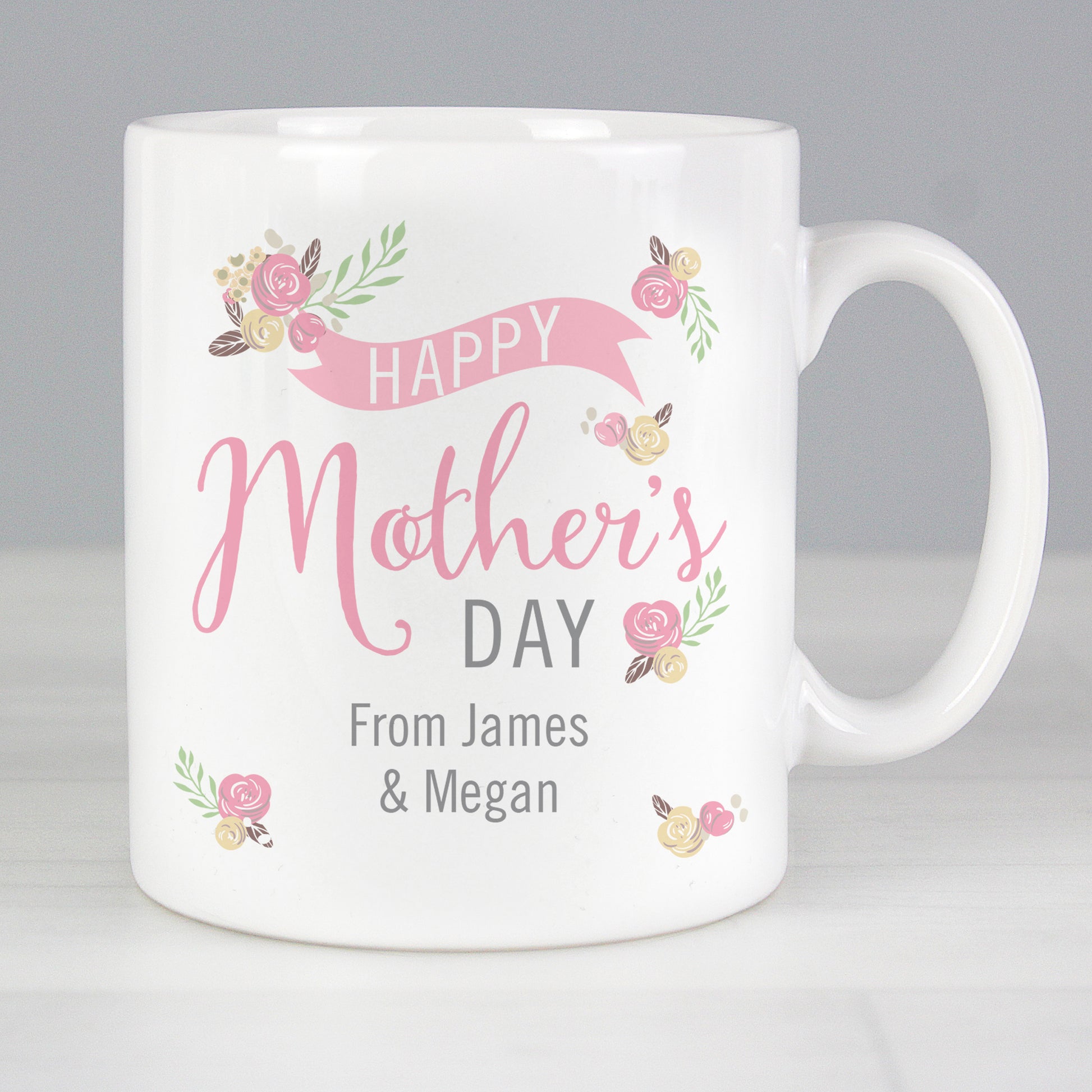 Personalised Mother's Day Mug in white with pink and grey text. Decorated with pink and yellow rose design.