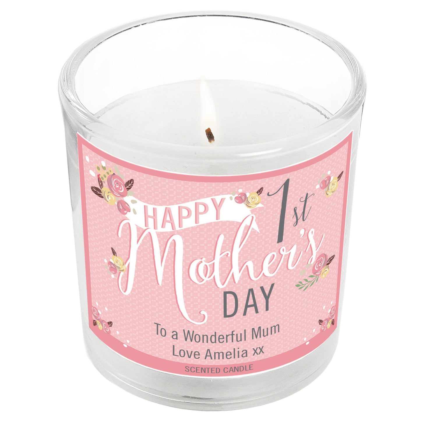 Personalised 1st Mother's Day Scented Candle  shown alight.