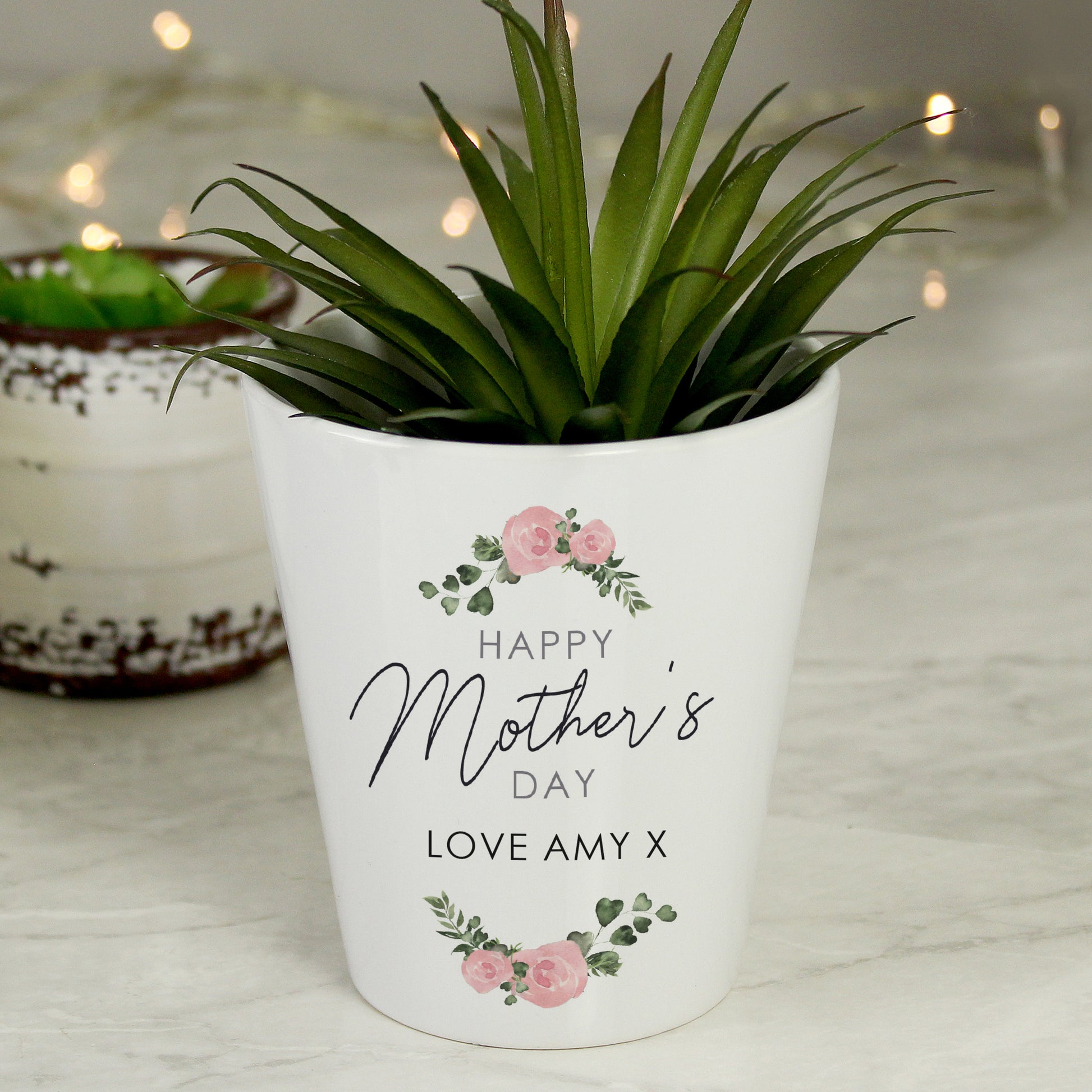 Personalised Mother's Day Plant Pot shown with green plant and fairy lights.Personalised message reading - Happy Mother's Day Love Amy/