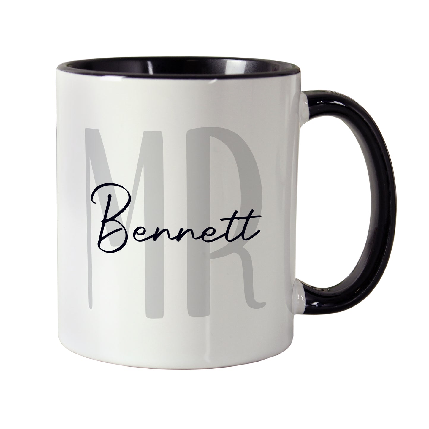 White mug with black handle featuring 'MR Bennett' text on a white background