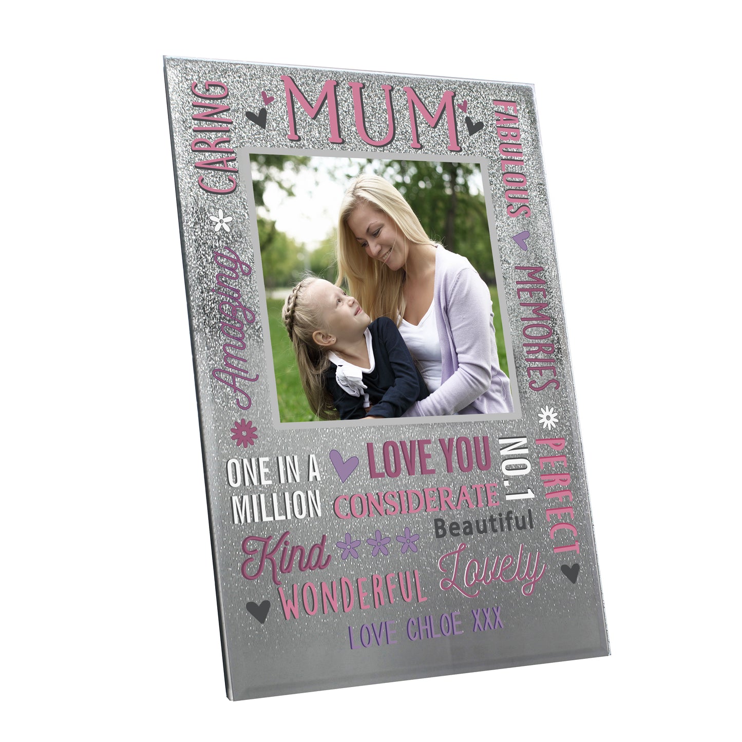 Personalised Mum Glitter Frame shown with colour image of Mum with young girl.