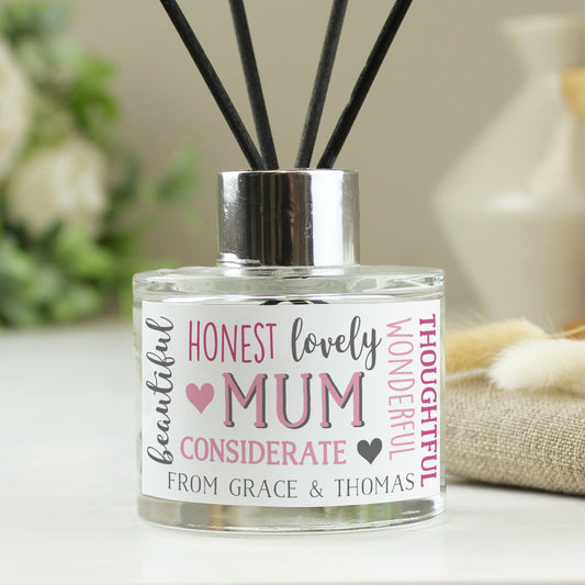 Diffuser bottle with text 'Honest lovely mum, thoughtful considerate, wonderful' on a neutral background
