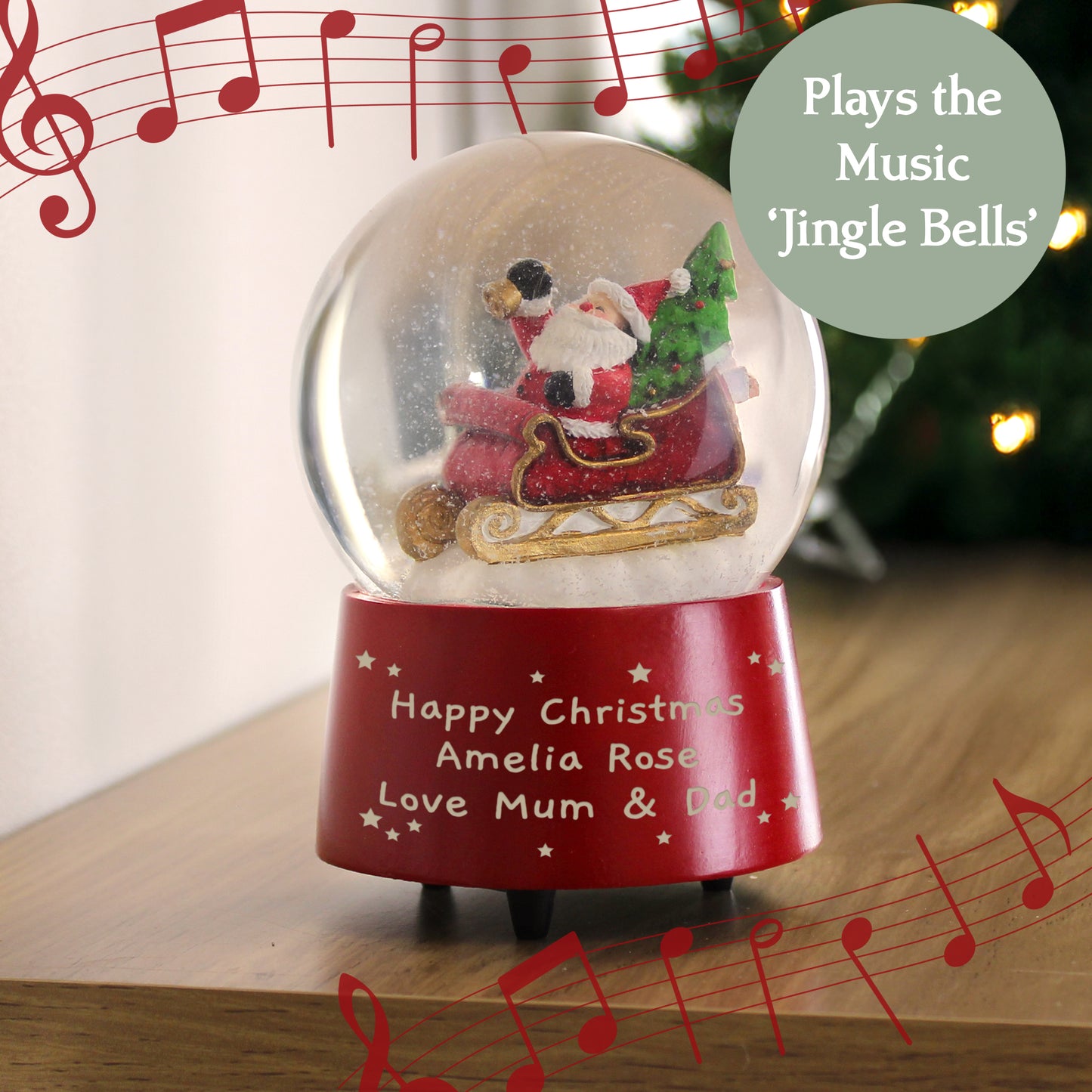Red personalised Snow Globe with jingle bells music.