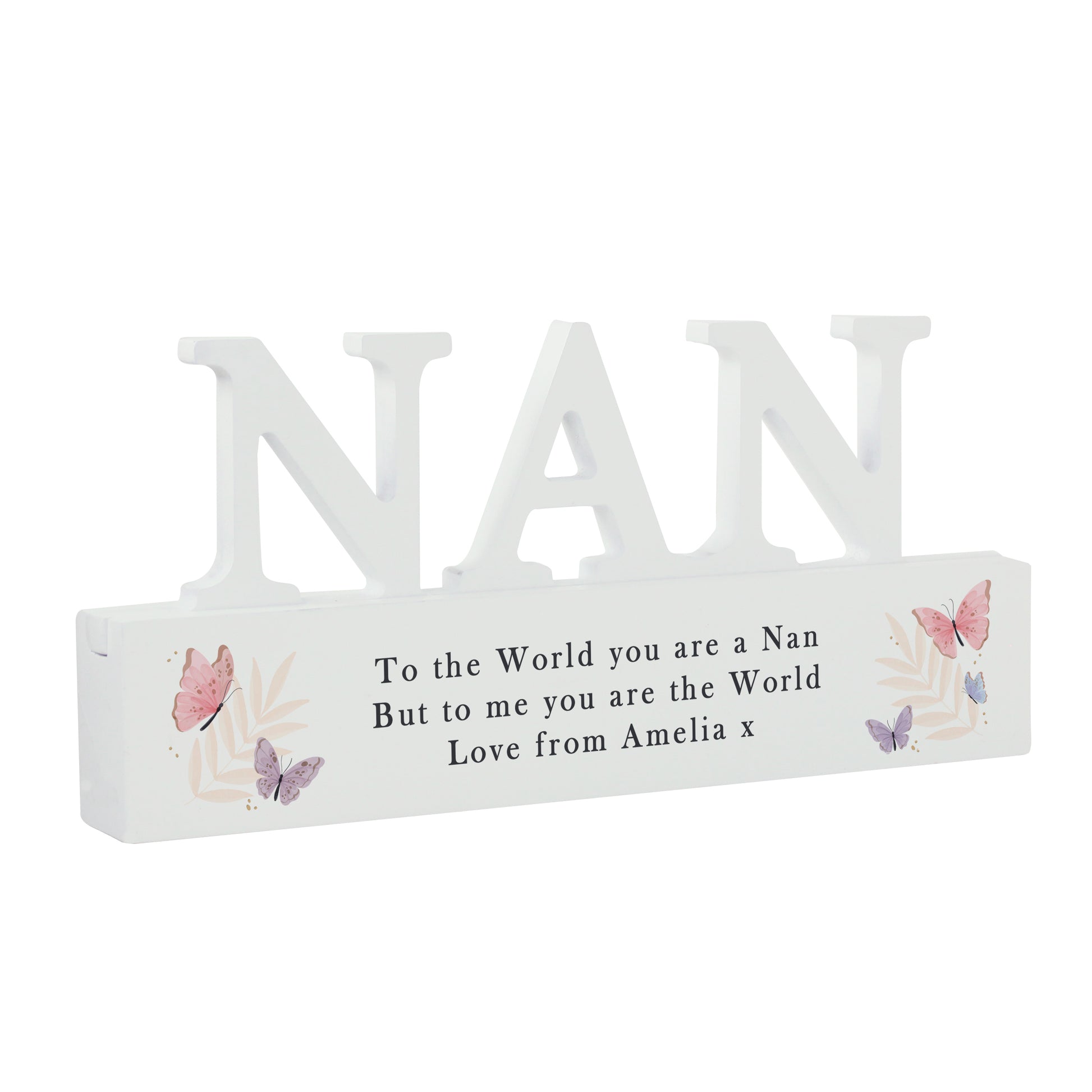 Decorative sign with 'NAN' and a message on a white background