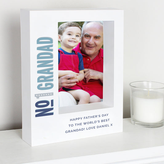 Personalised photo frame with a picture of a grandfather and a child, text 'No 1 Grandad' and 'Happy Father's Day to the world's best Grandad! Love Daniel'.
