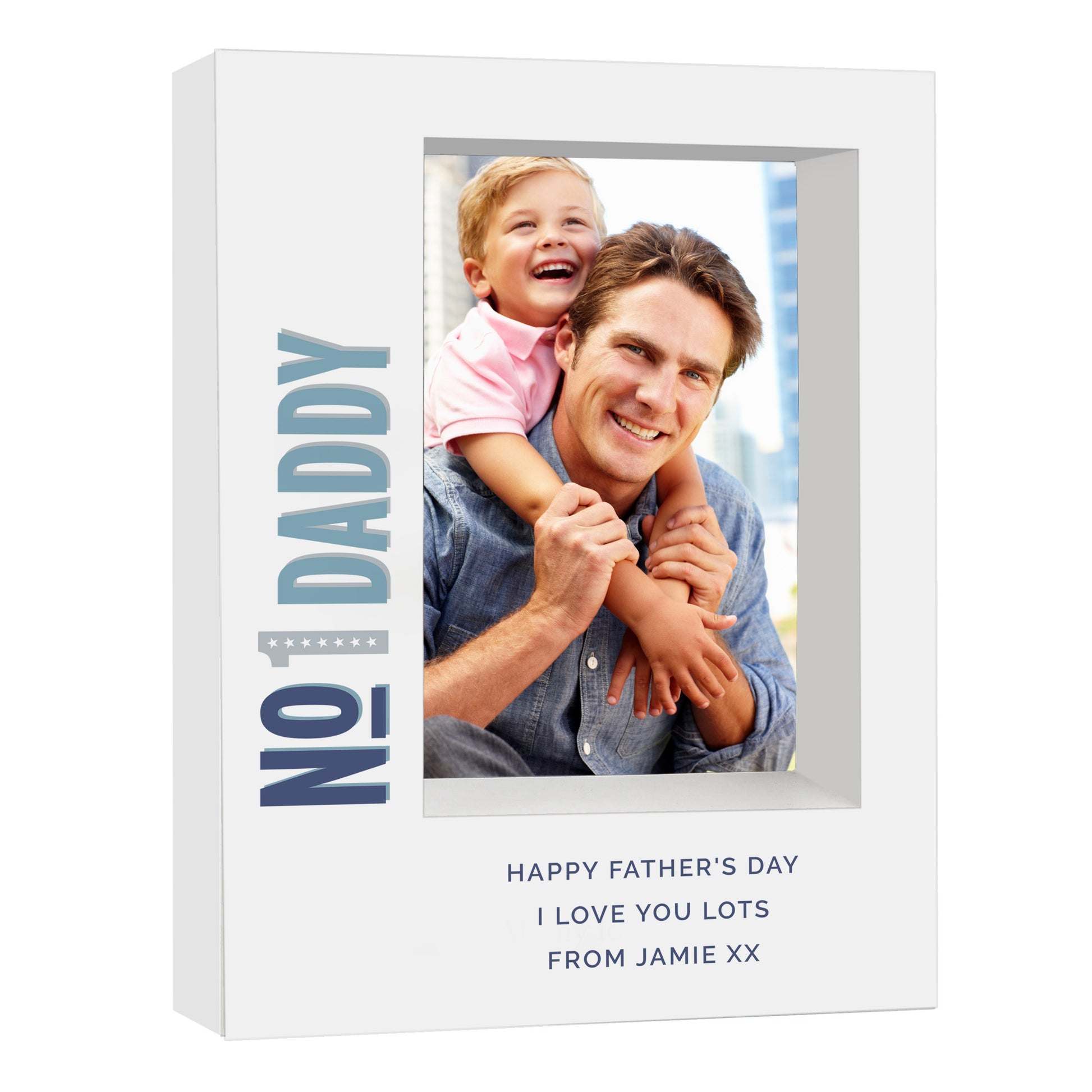 Personalised photo frame with a father and child photo and text on a white background