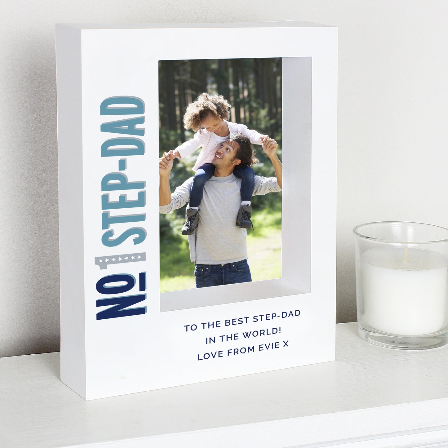 Personalised photo frame with a photo of a man and child, text 'No 1 Step-Dad' and 'To the best step-dad in the world! Love from Evie X'.