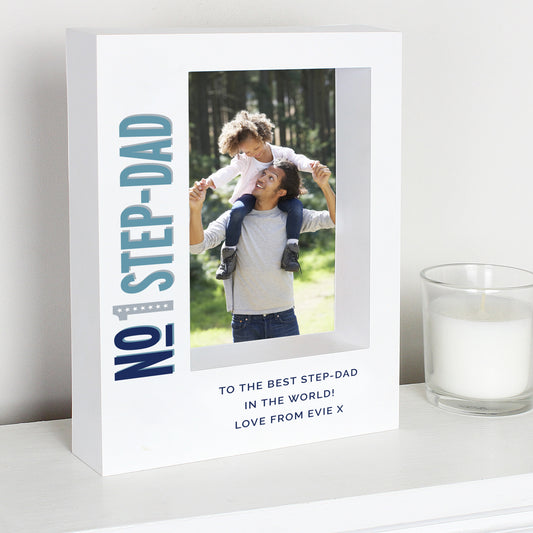Personalised photo frame with a photo of a man and child, text 'No 1 Step-Dad' and 'To the best step-dad in the world! Love from Evie X'.