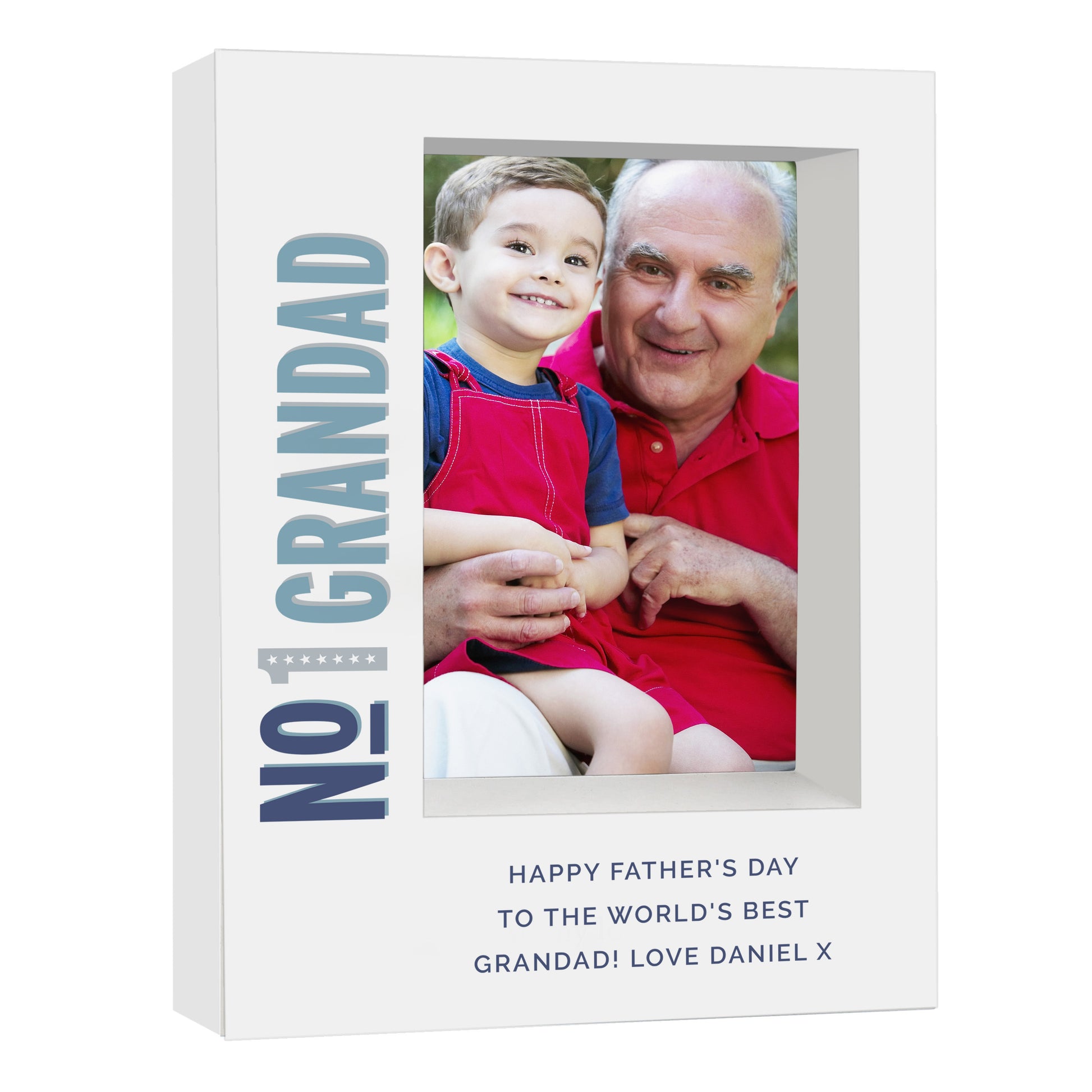 Box frame with photo of a grandfather and grandson, text 'No 1 Grandad' and 'Happy Father's Day' on a white background