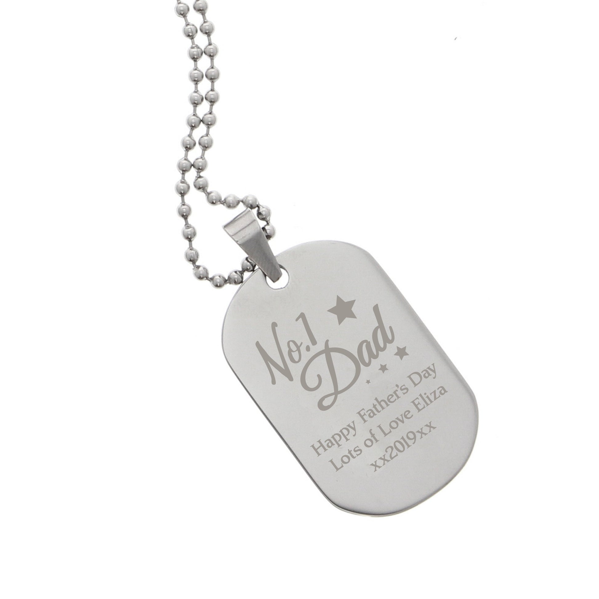Silver dog tag necklace with engraved text on a white background
