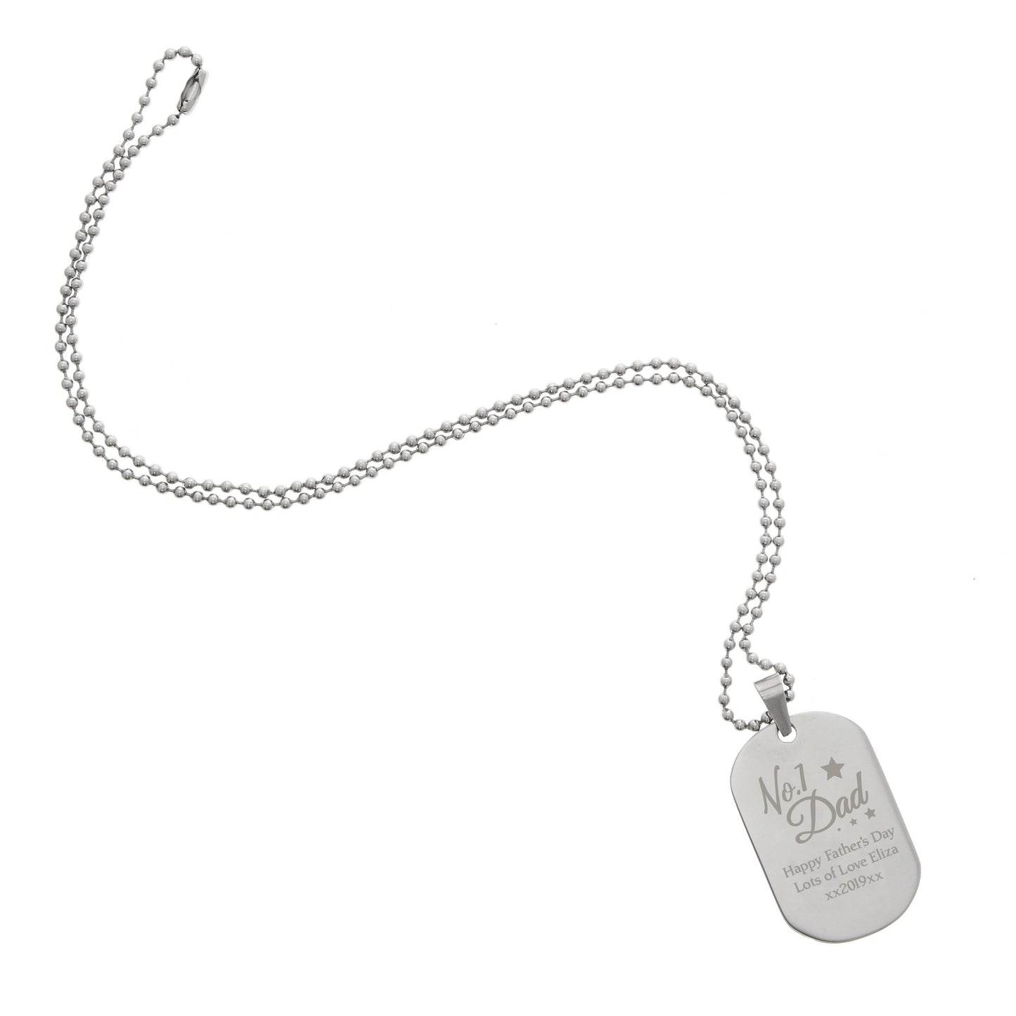 Silver dog tag necklace with 'No.1 Dad' on a white background