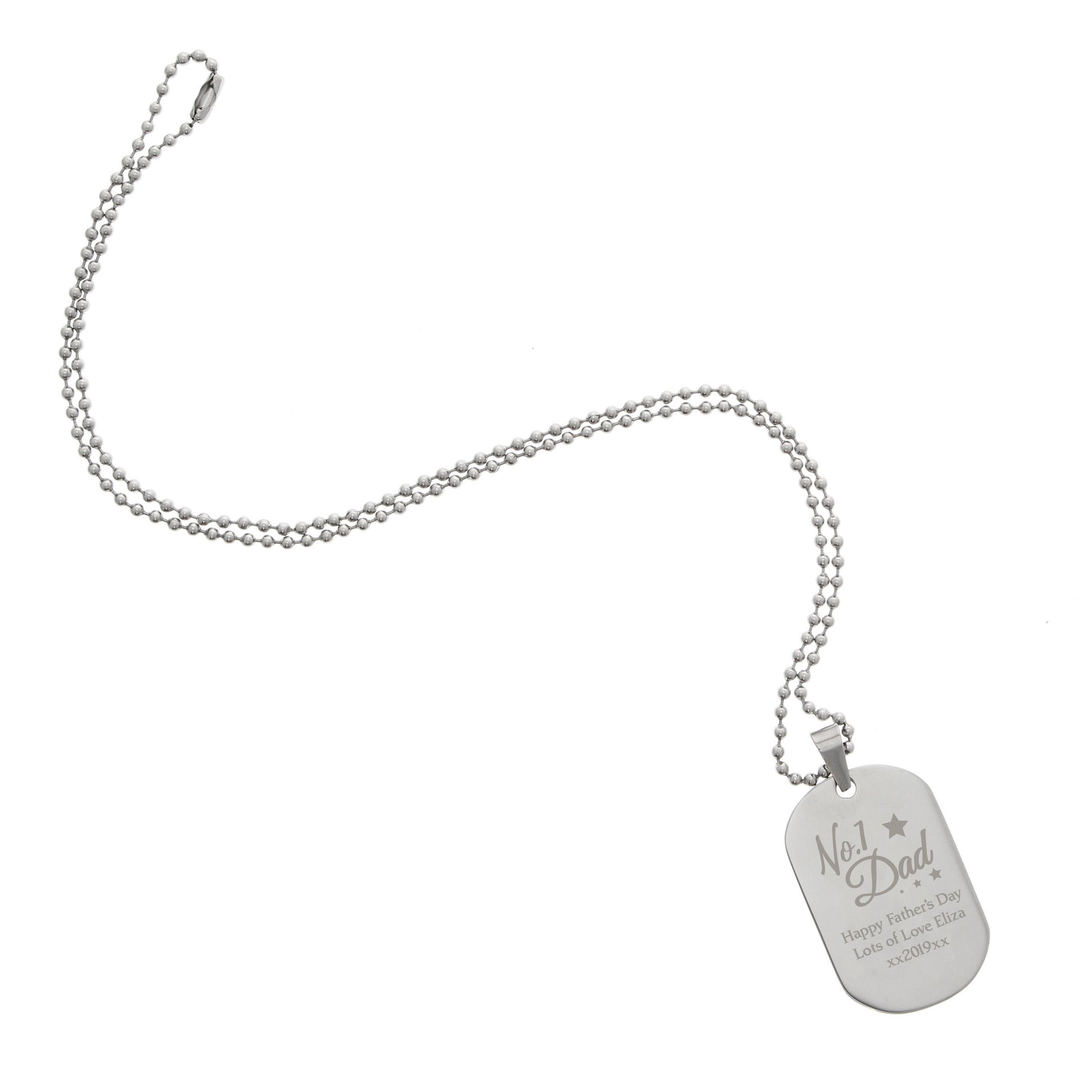 Silver dog tag necklace with 'No.1 Dad' on a white background