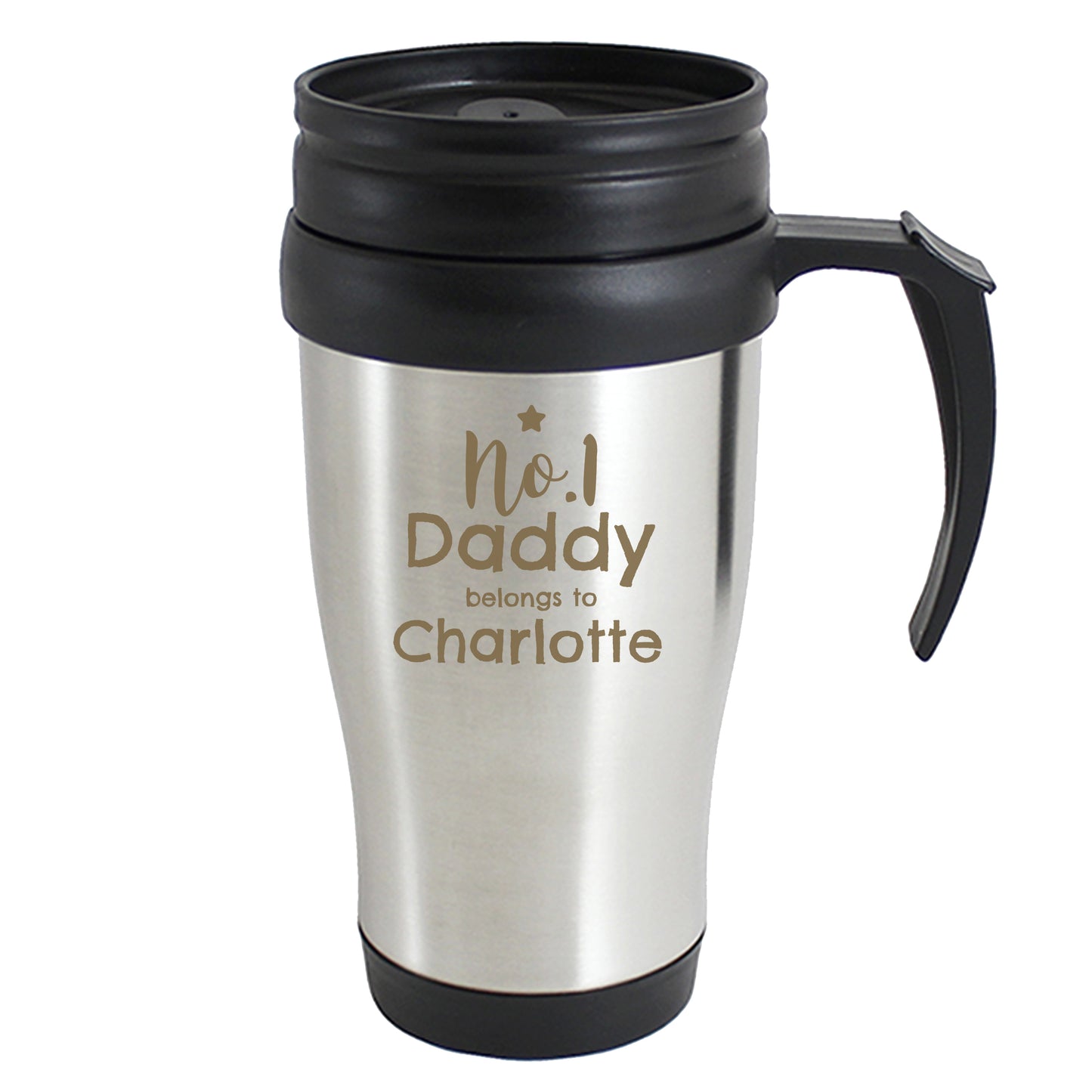 Stainless steel travel mug with black handle and lid, engraved with 'Dad of the Year 2023 Michael'.