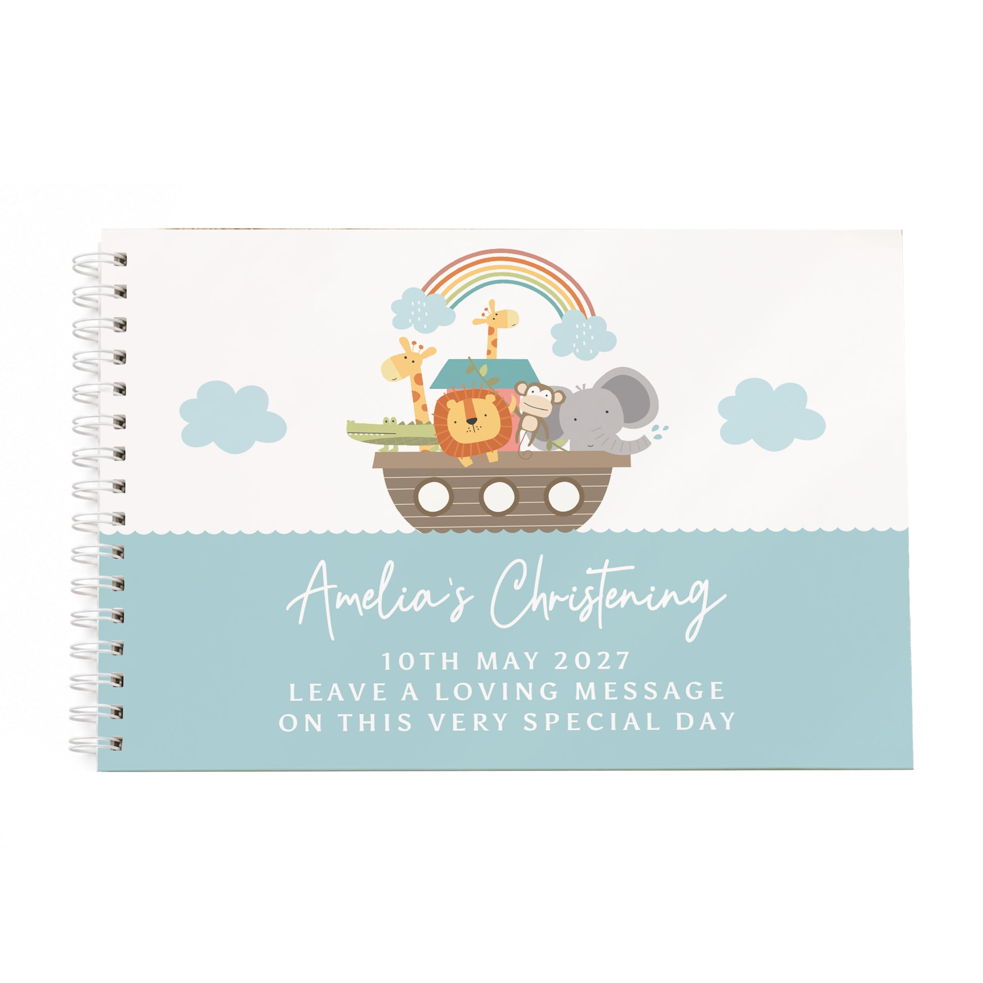 A spiral-bound guest book featuring a Noah's Ark themed design with cartoon animals under a rainbow and clouds, plus a light blue lower section with personalized text reading 'Amelia's Christening' and a message prompt.