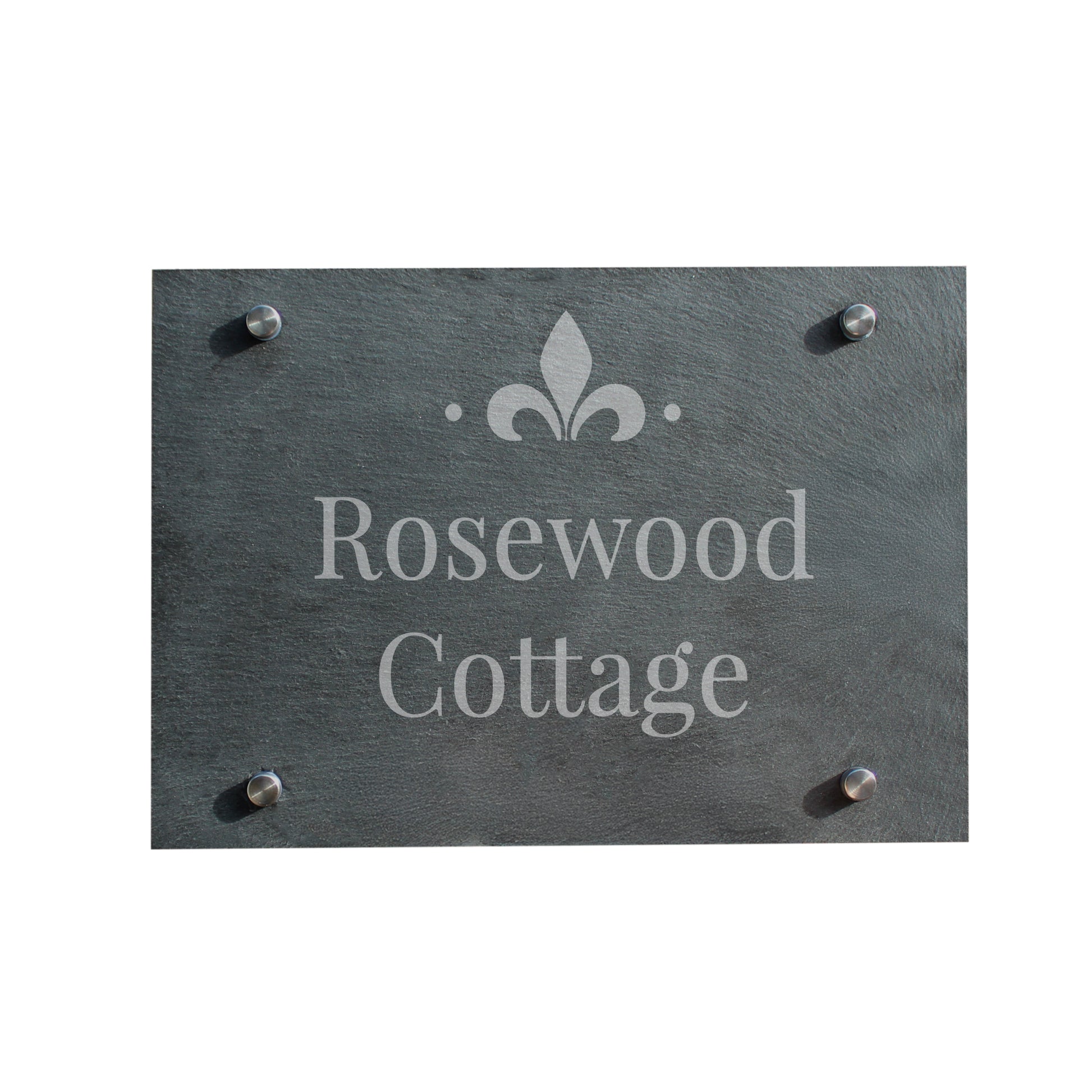 Slate sign with 'Rosewood Cottage' and a fleur-de-lis design on a white background