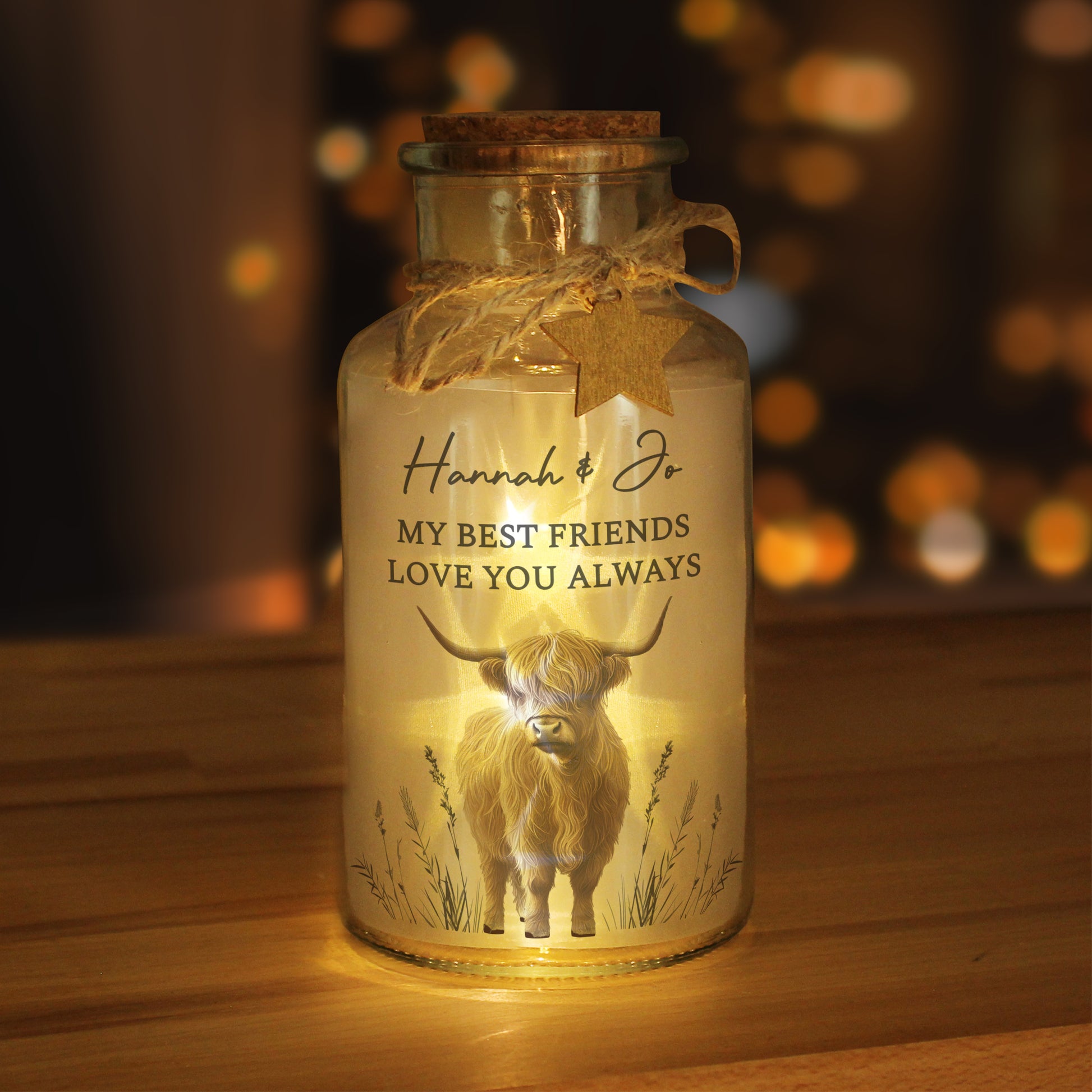 Personalised Highland Cow LED Light Up Jar 