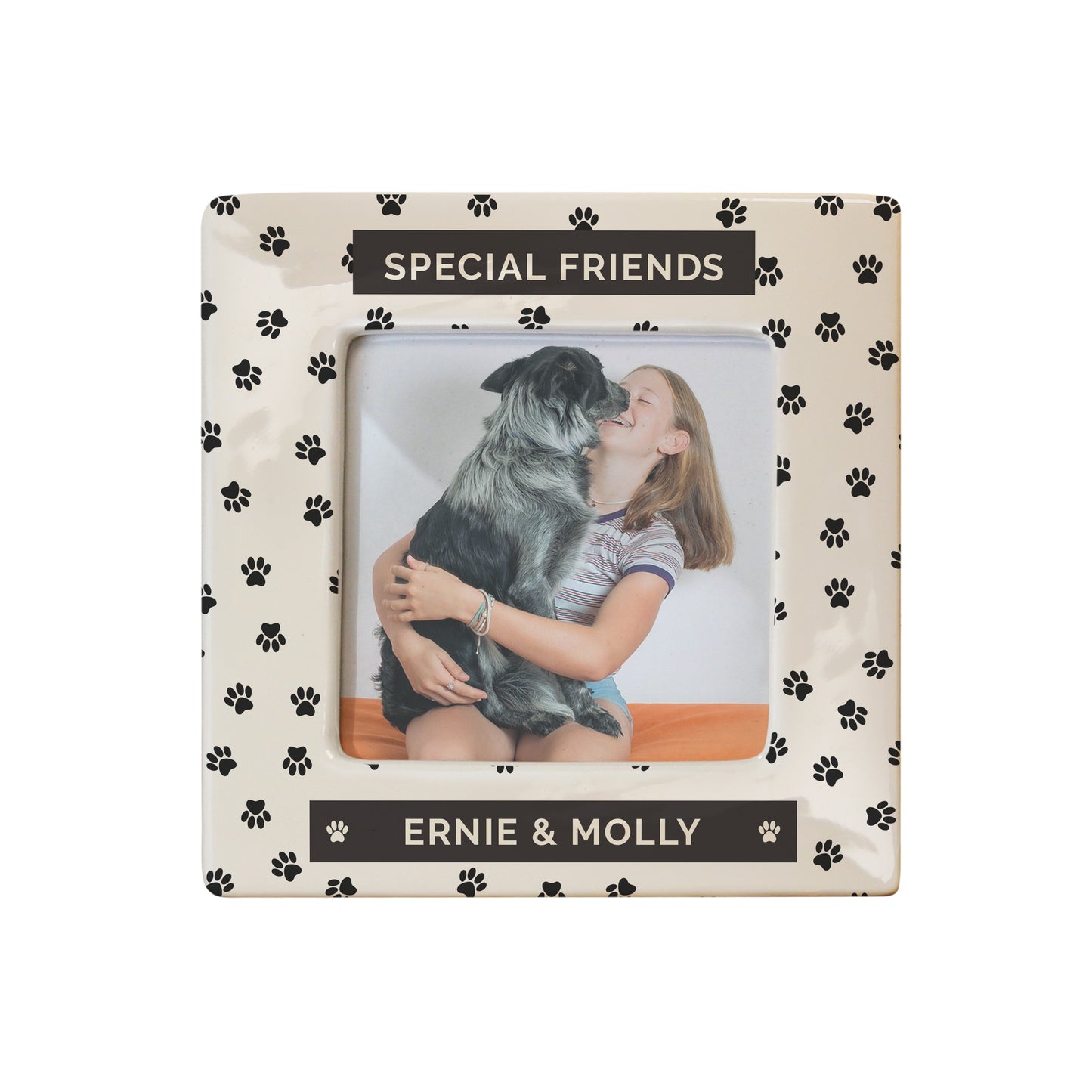 Photo frame with paw print pattern and 'Special Friends' text, featuring a photo of a girl and dog.
