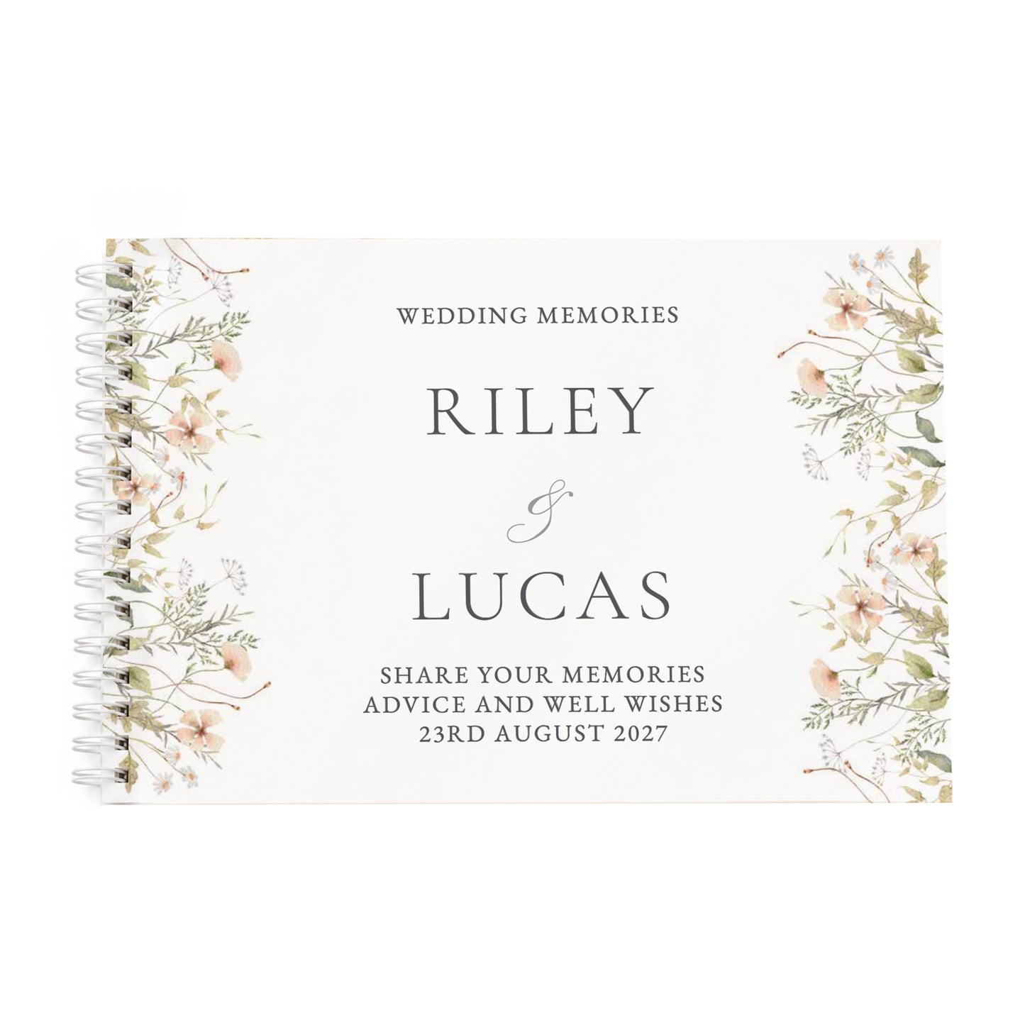 A spiral-bound wedding memory book with a cream cover, featuring delicate floral illustrations on the left and right sides and personalised text reading 'WEDDING MEMORIES', 'RILEY & LUCAS', and additional memorial text.