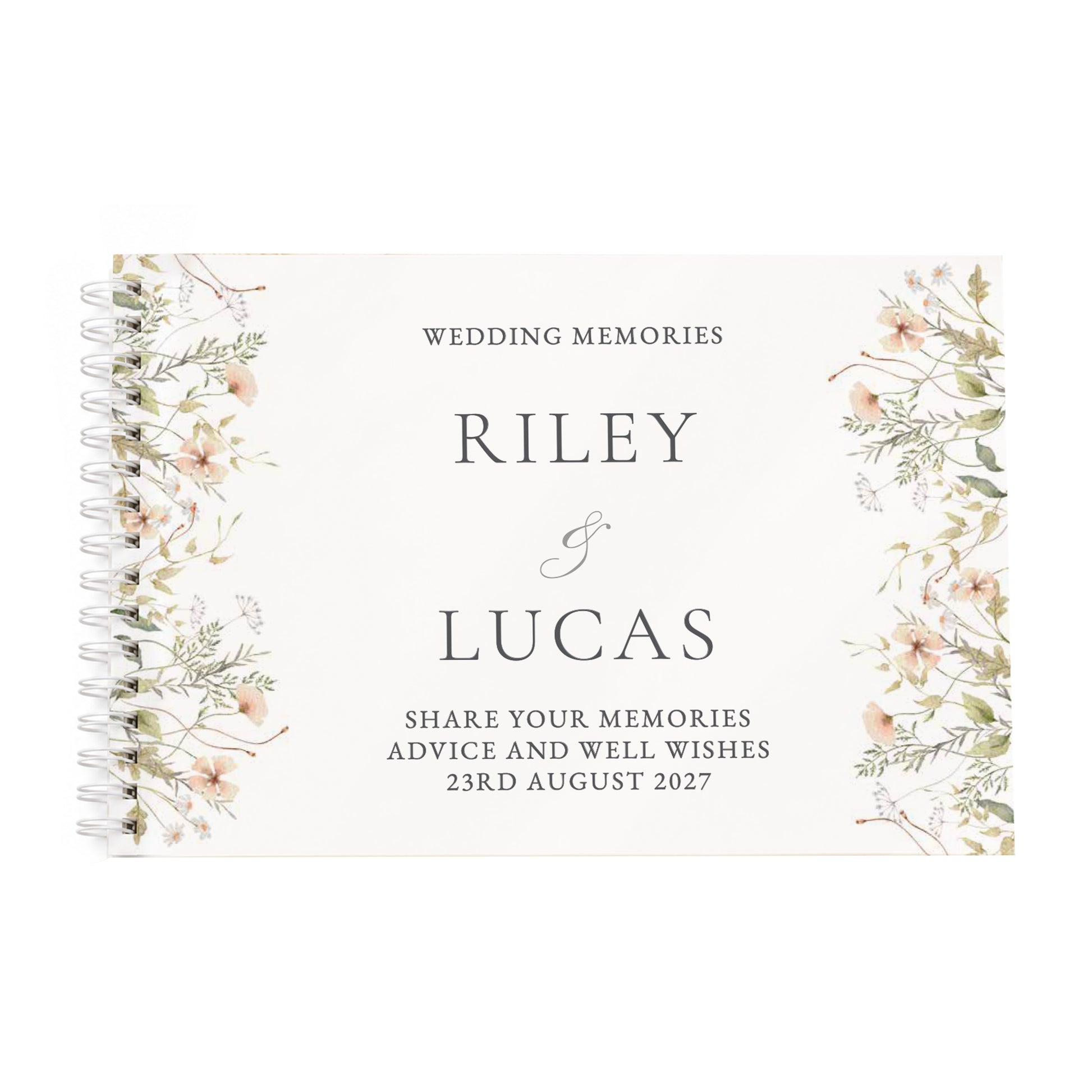 A spiral-bound wedding memory book with a cream cover, featuring delicate floral illustrations on the left and right sides and personalised text reading 'WEDDING MEMORIES', 'RILEY & LUCAS', and additional memorial text.