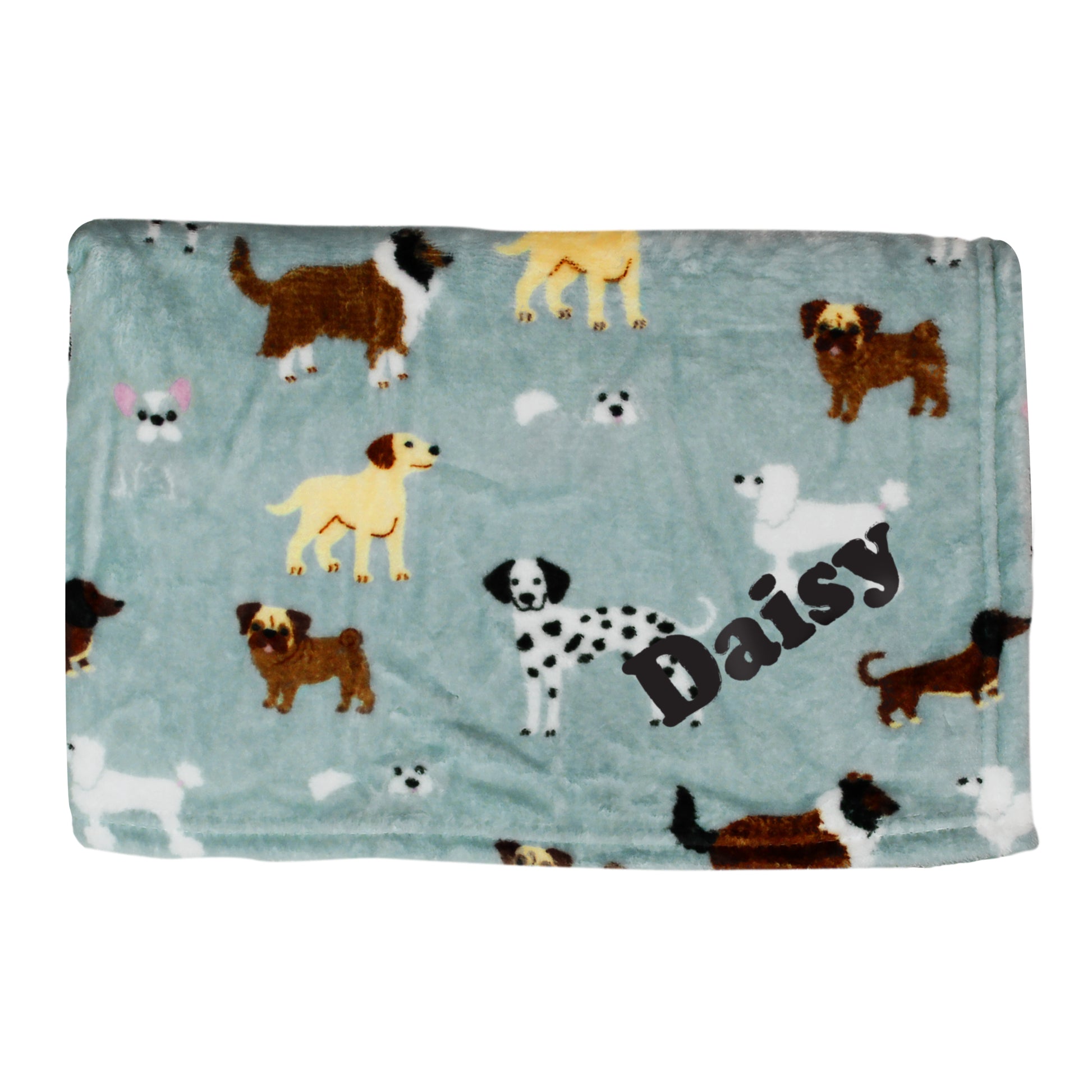 Blanket with dog pattern and 'Daisy' text on a grey background