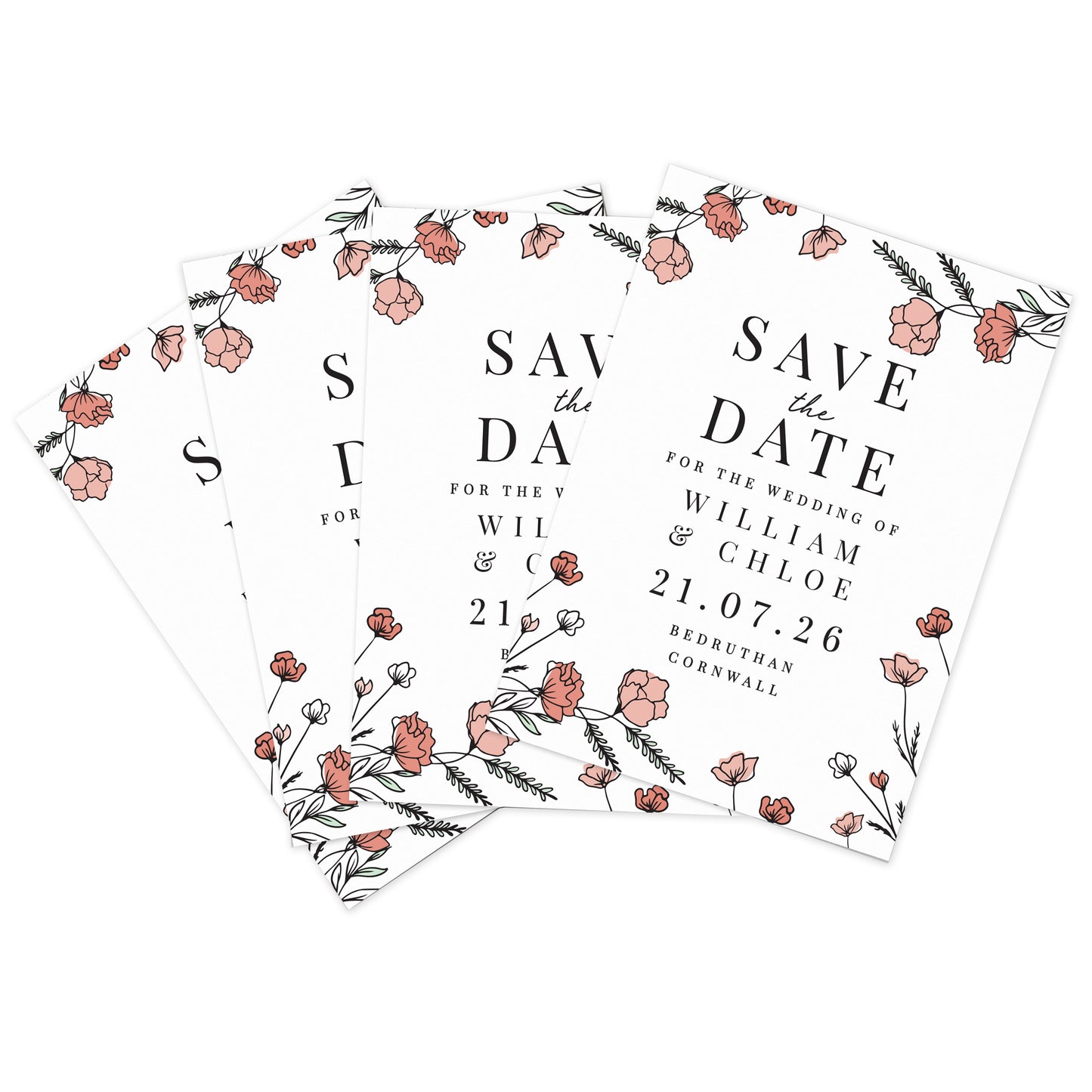 Set of 'Save the Date' cards with floral design on a white background