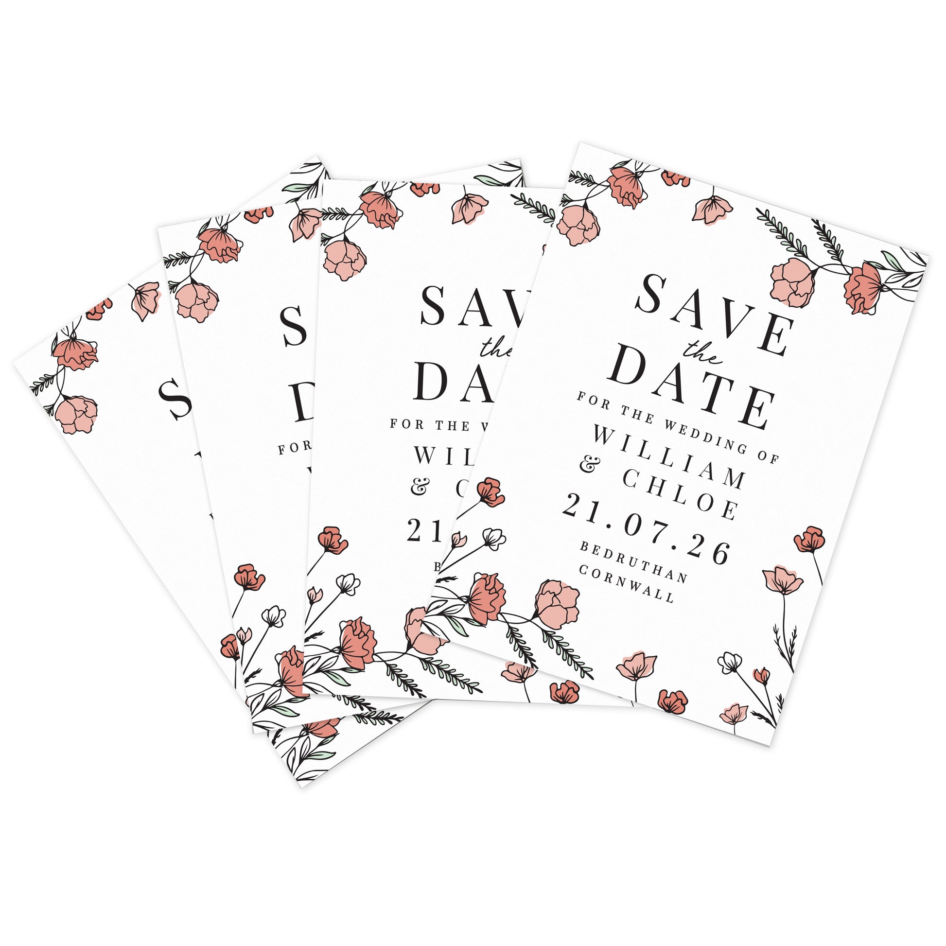 Set of 'Save the Date' cards with floral design on a white background