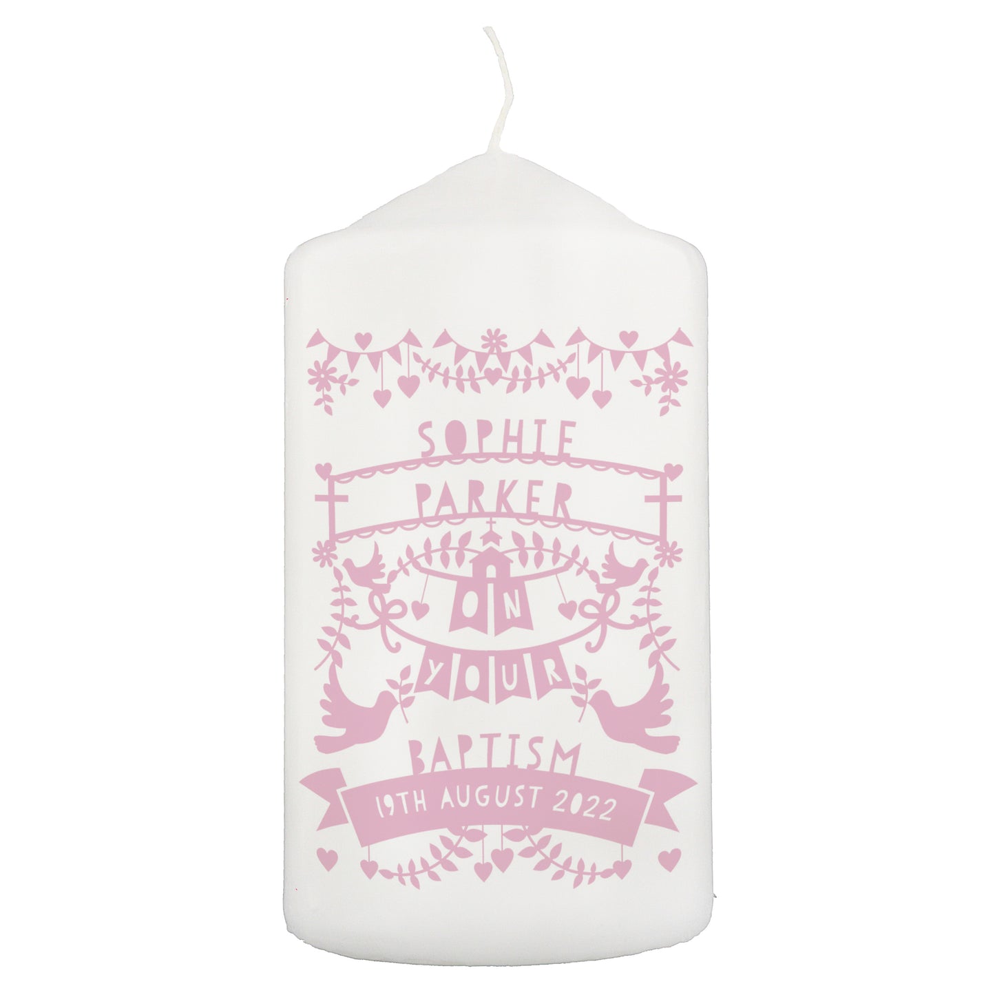 White candle with pink personalised text on a white background