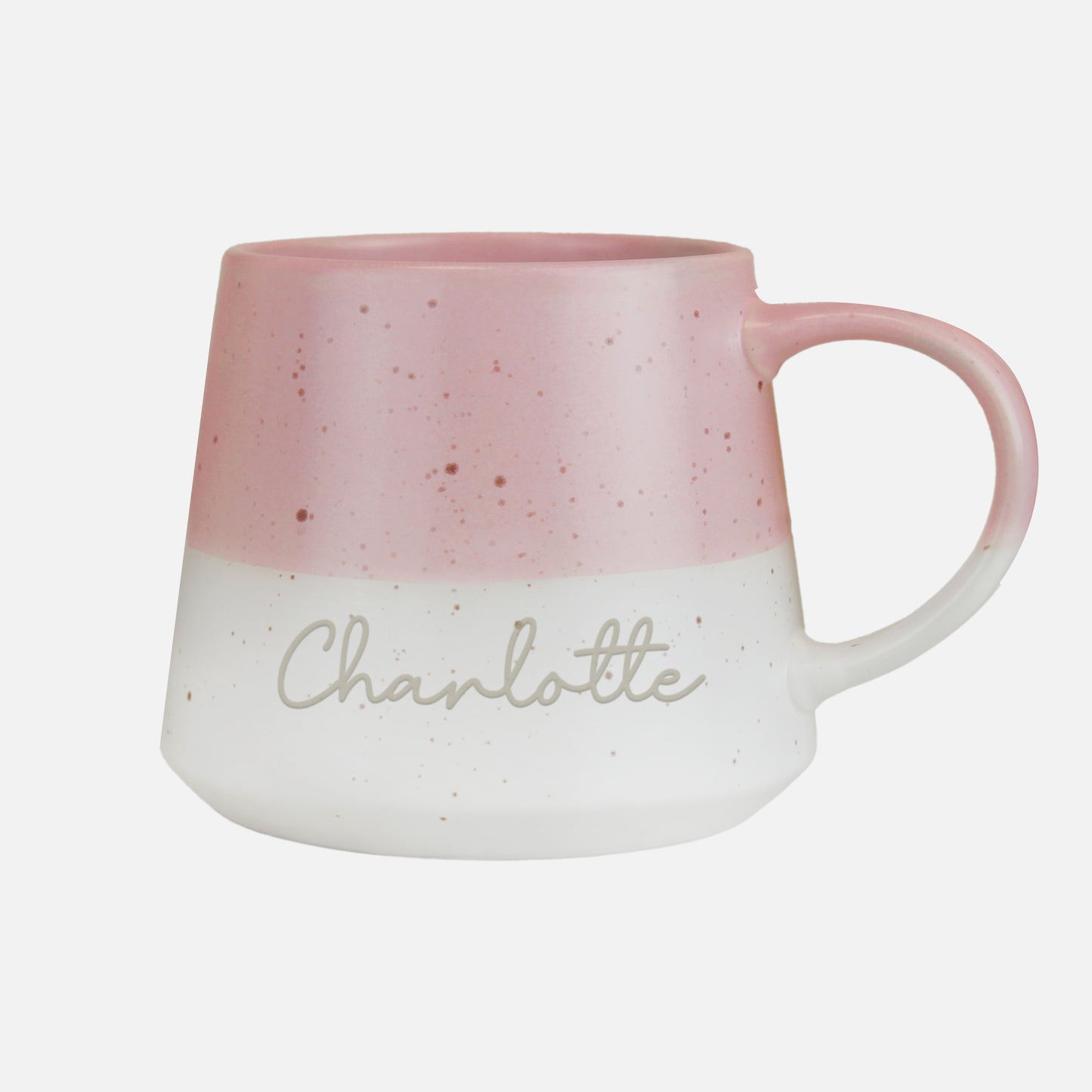 Personalised pink and white mug with 'Charlotte' written on it against a light grey background