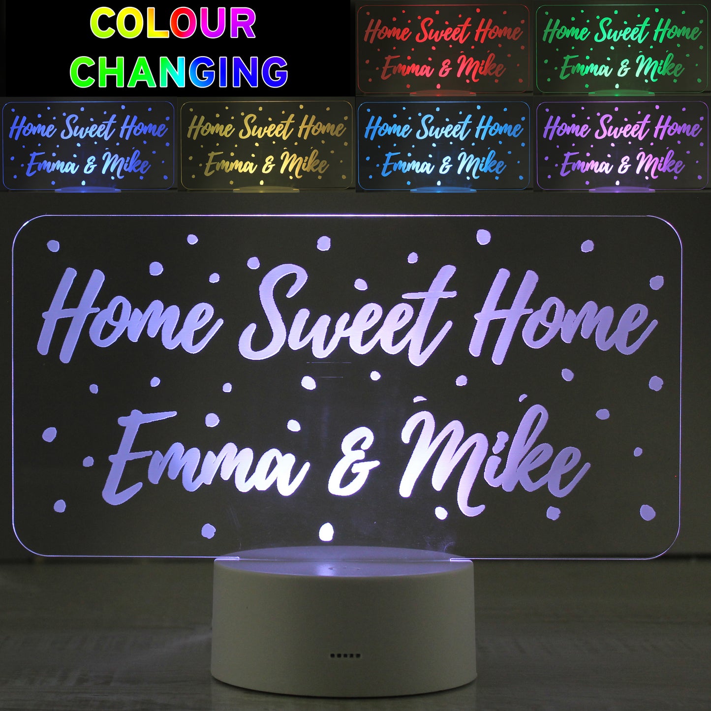 Image showing acrylic LED colour changing sign in all colour options - Red, Green, Blue, Yellow & Purple.