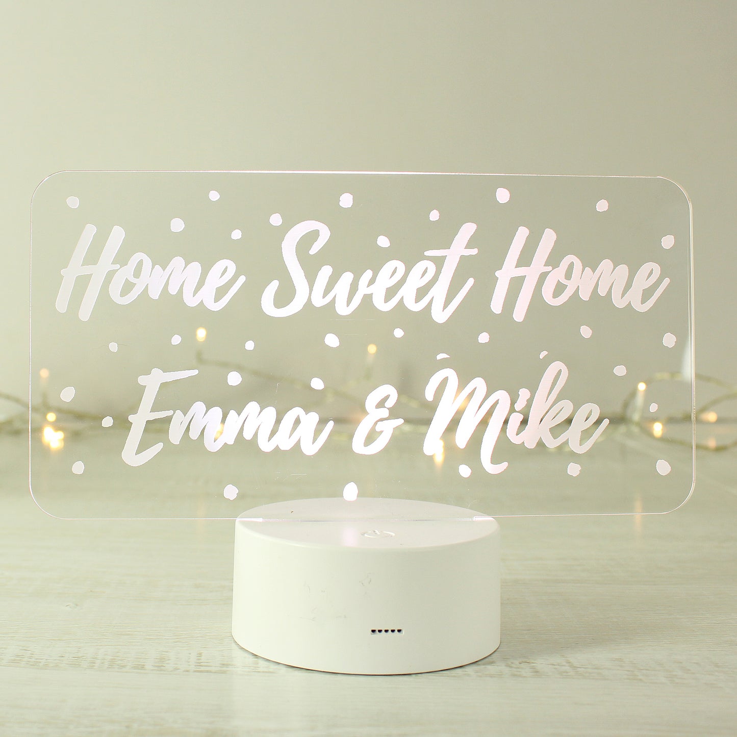 Clear Home Sweet Home Emma & Mike sign on a white base.