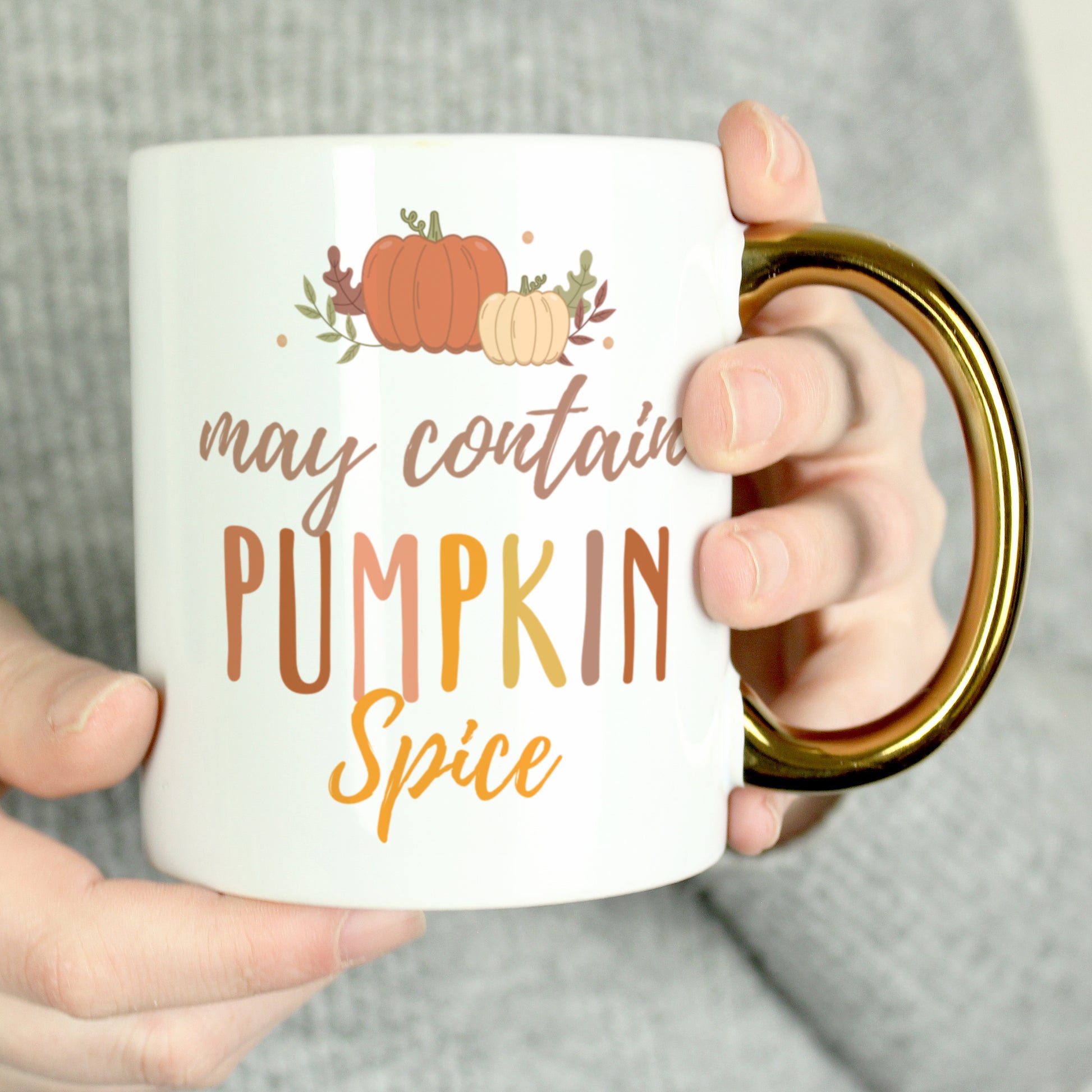 Mug with 'may contain pumpkin spice' text and pumpkin design held by a person.