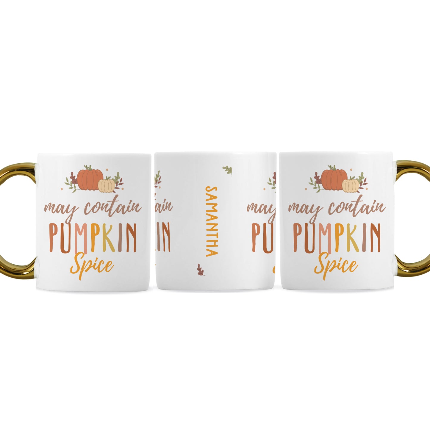 Three white mugs with 'may contain pumpkin spice' text and pumpkin graphics on a white background