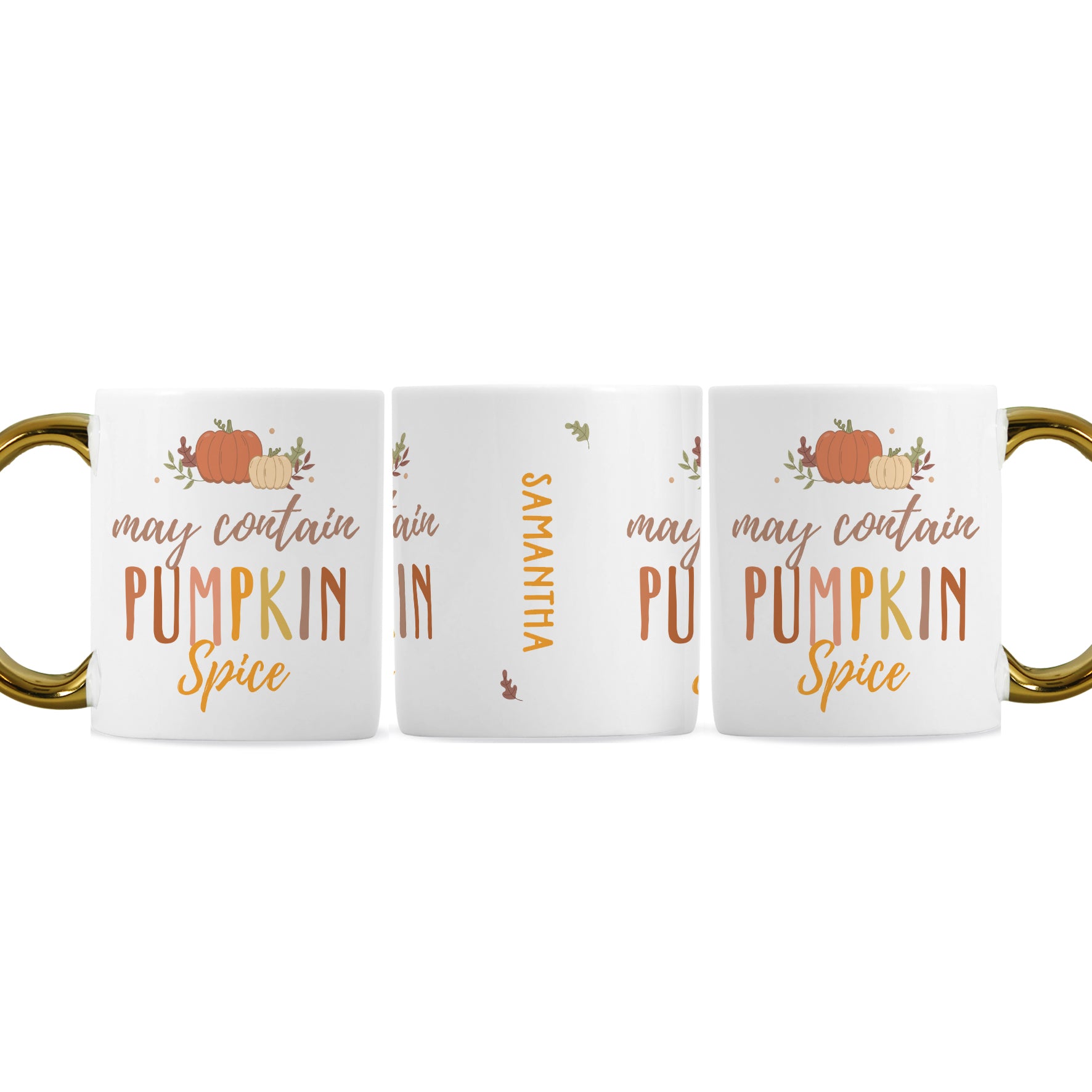 Three white mugs with 'may contain pumpkin spice' text and pumpkin graphics on a white background