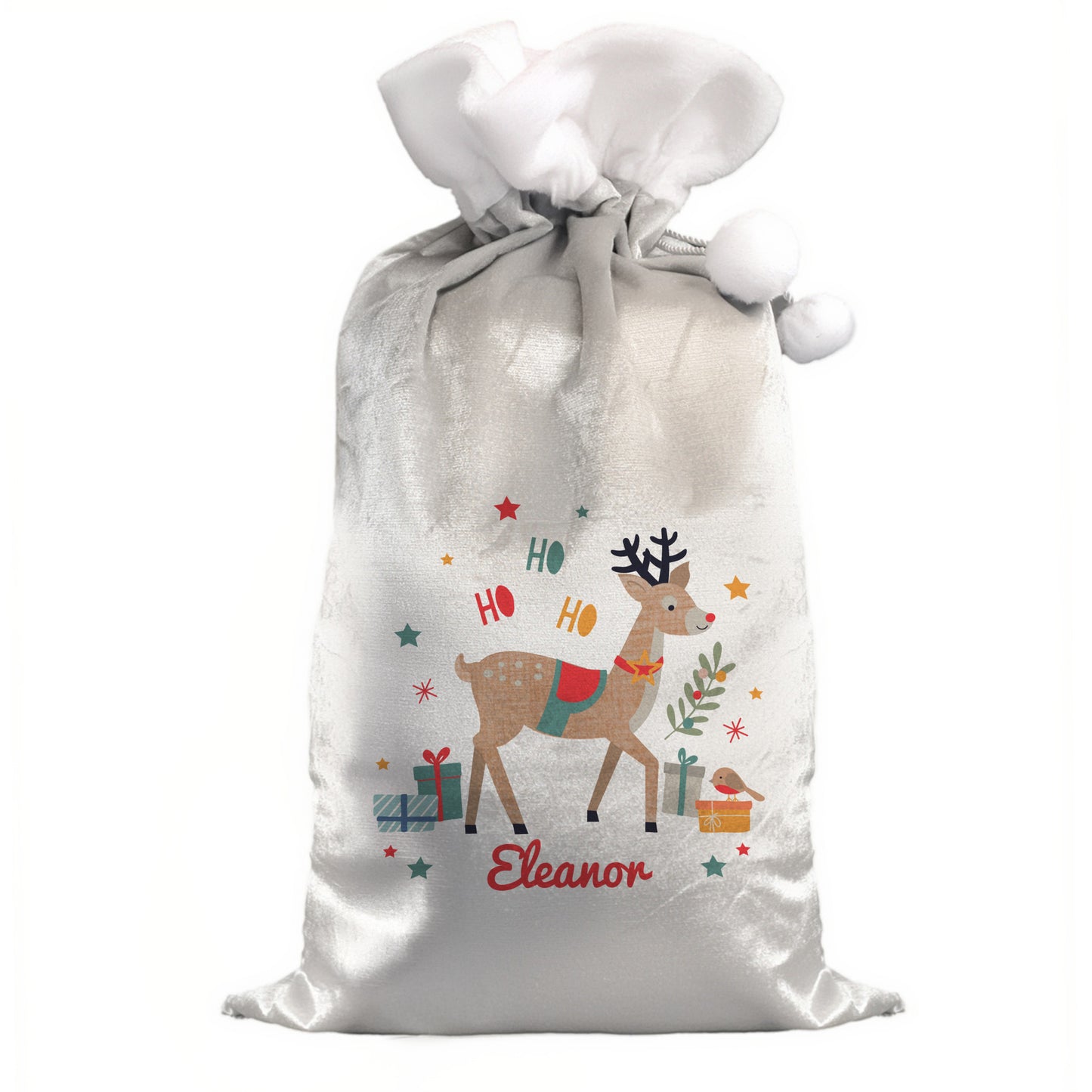 Personalised Christmas sack with a reindeer design and text on a white background