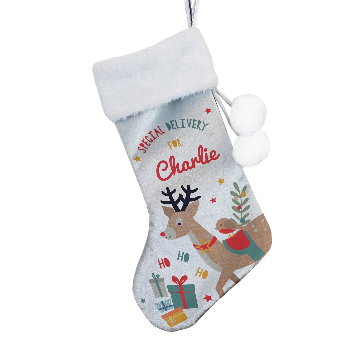 Personalised Christmas stocking with reindeer design and text on a white background