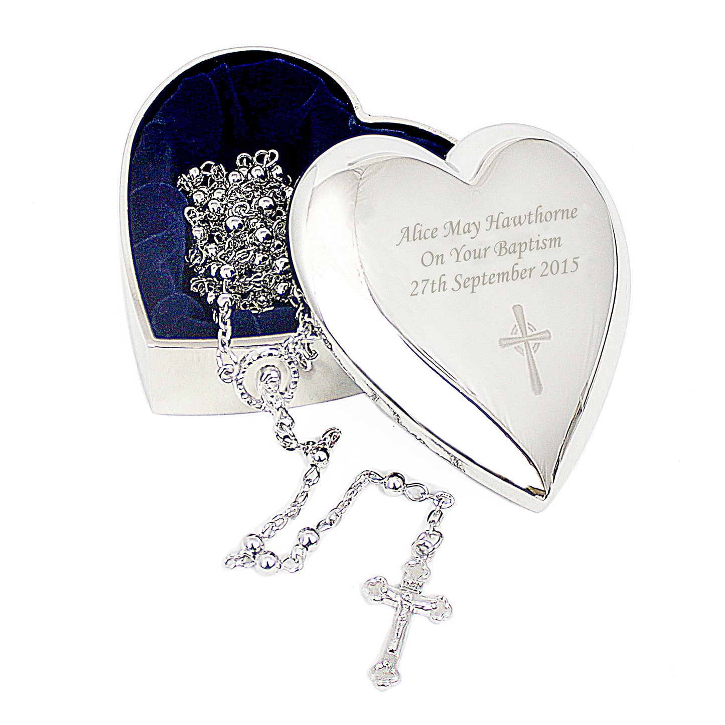 Silver rosary with engraved text in a heart-shaped box on a white background