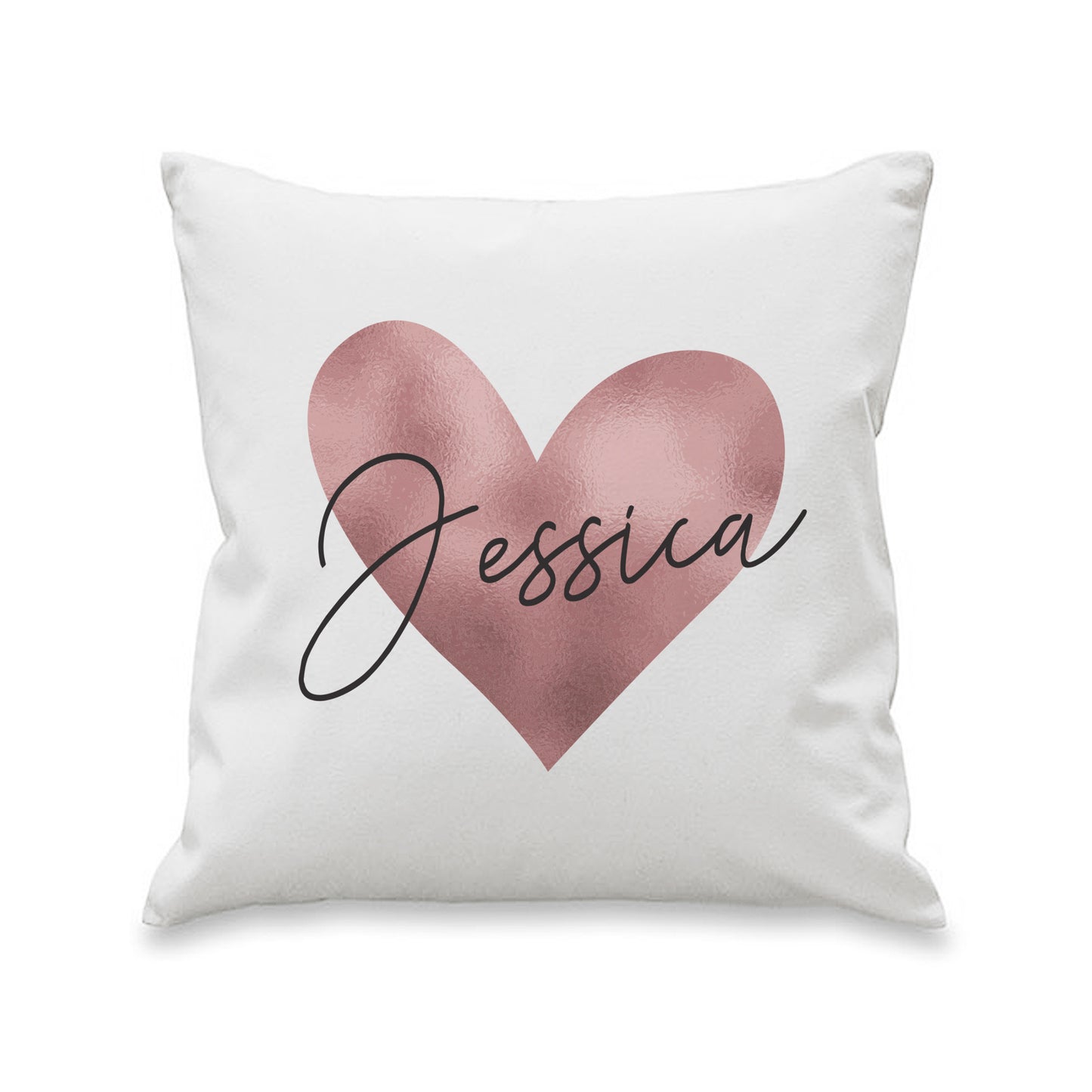 Cushion in white with rose gold heart design and personalised name.