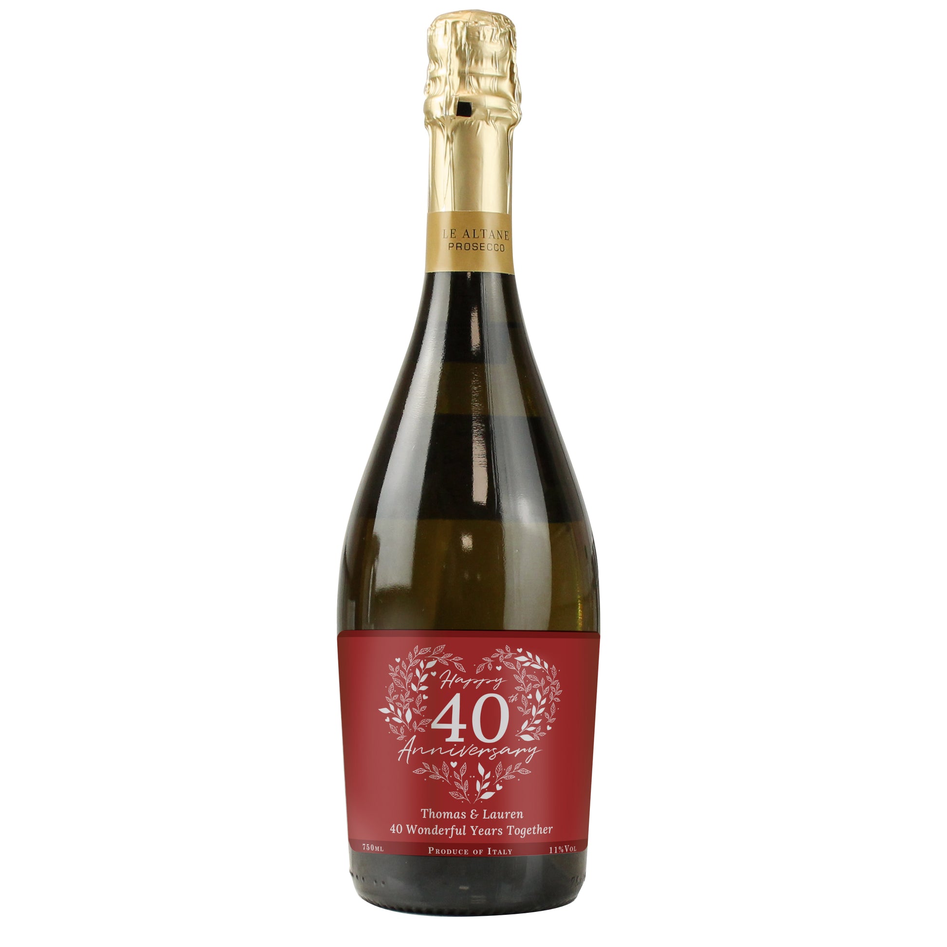 Bottle of wine with a red label on a white background