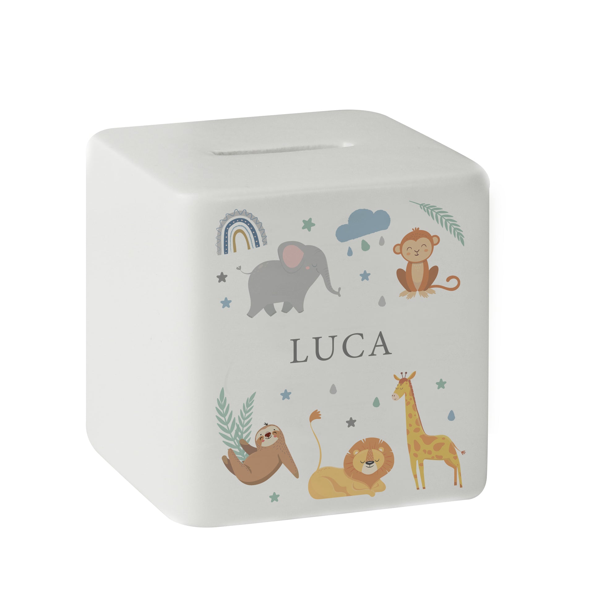 White ceramic square money box with the name 'GEORGE' with safari animal and rainbow images  shown on a white background.