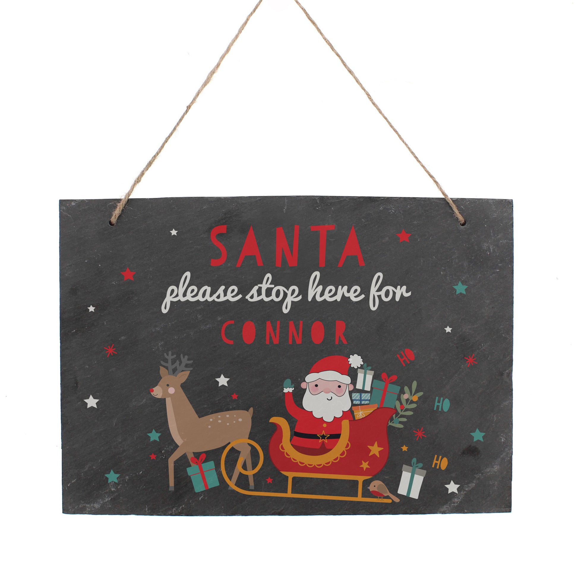 Hanging sign shown on white background. Image of Santa in sleigh with reindeer. Text reads Santa please stop here for Connor.