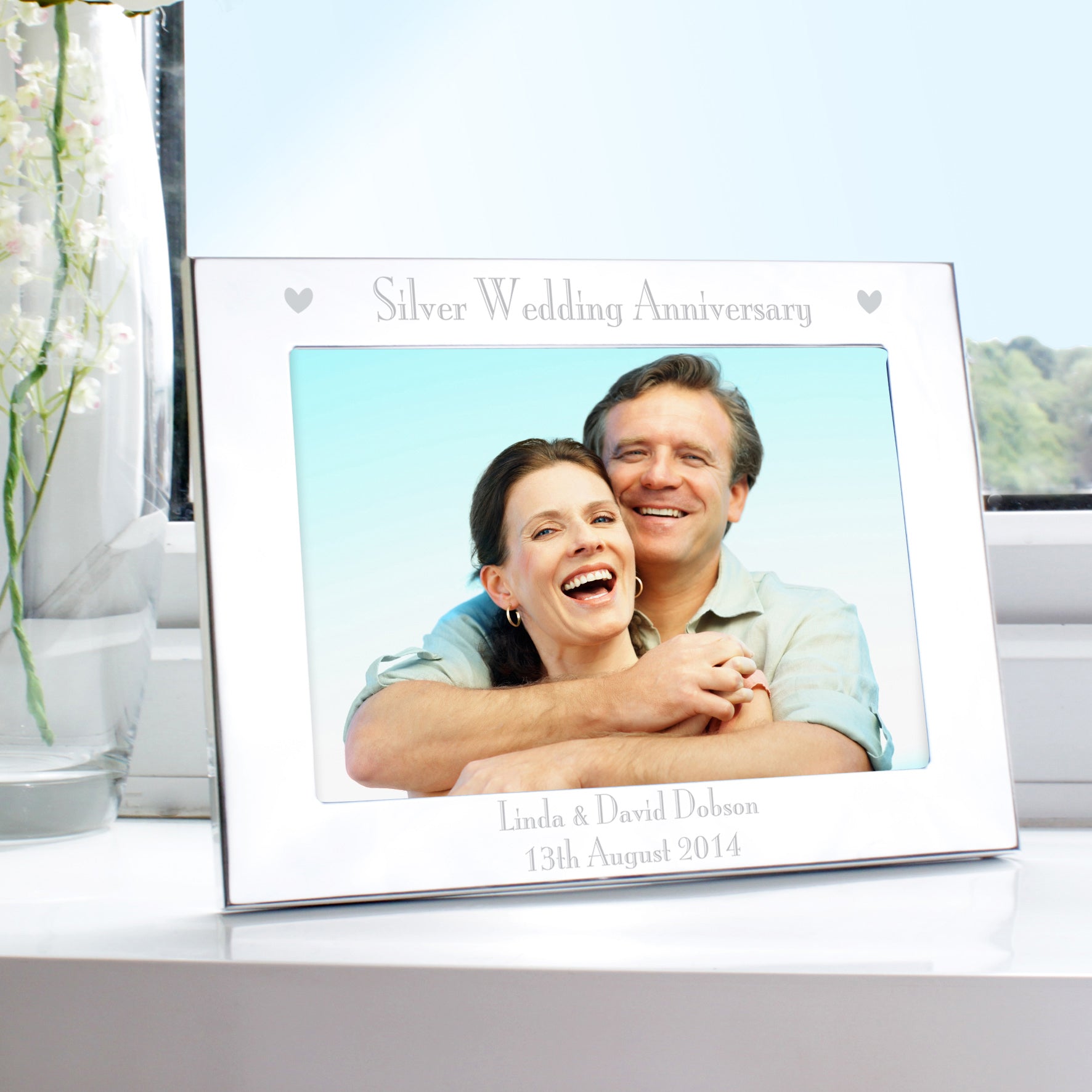 Aluminium Personalised photo frame with text Silver Wedding Anniversary Linda & David Dobson 13th August 2014