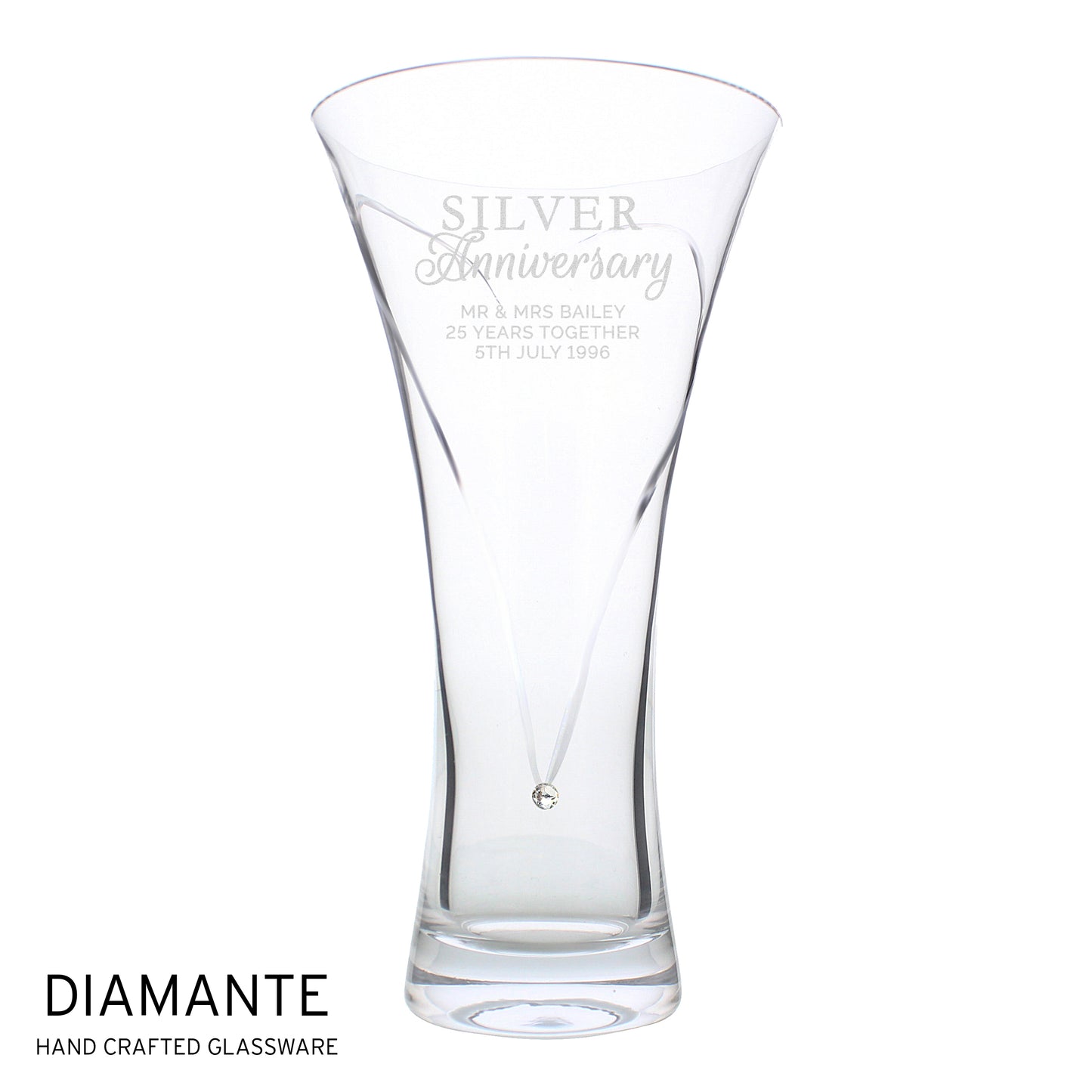 Clear glass vase with 'Silver Anniversary' engraving on a white background