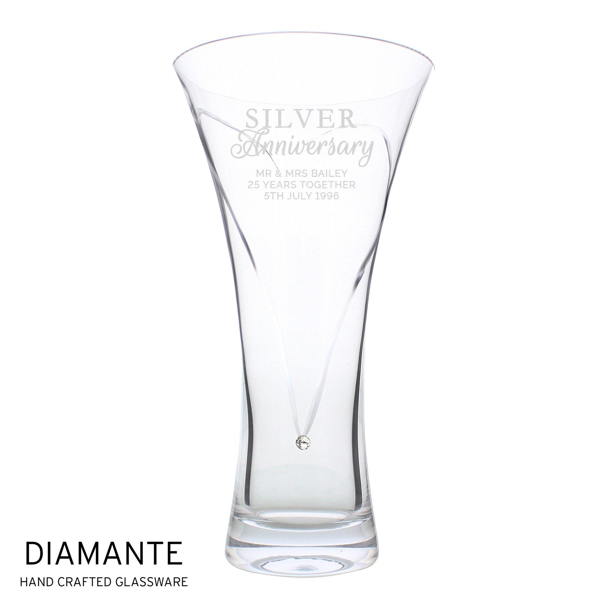 Clear glass vase with 'Silver Anniversary' engraving on a white background
