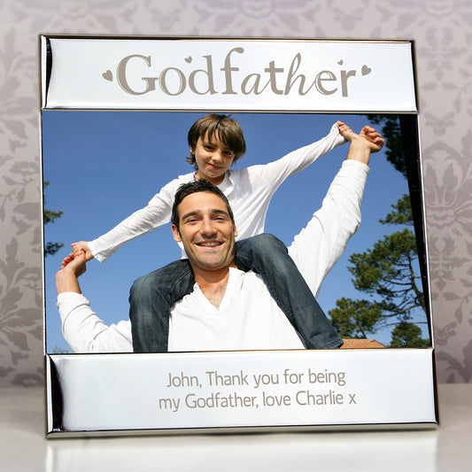 Personalised photo frame with 'Godfather' text, featuring a man and child against a blue sky.