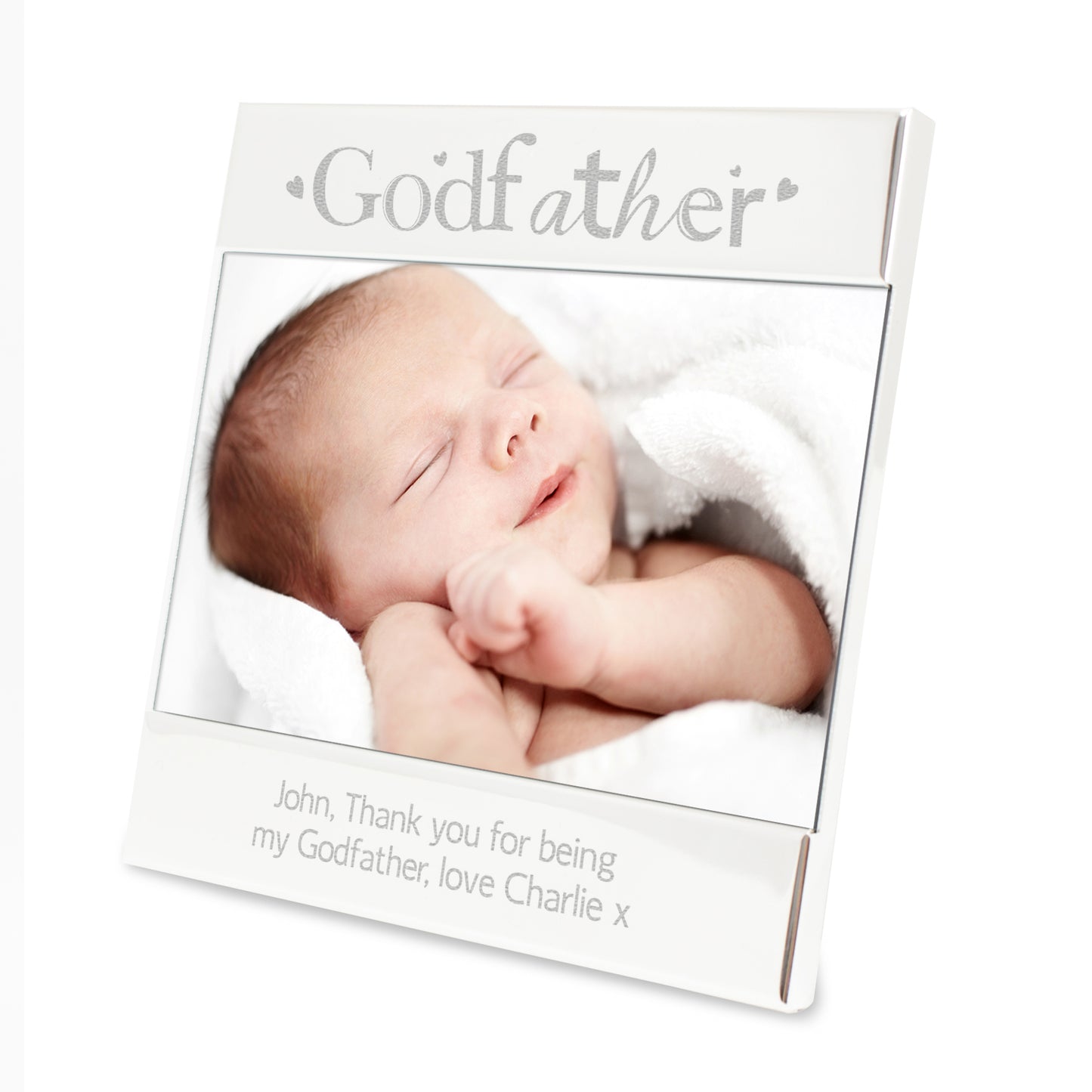 Personalised godfather photo frame with a baby's photo and engraved message.