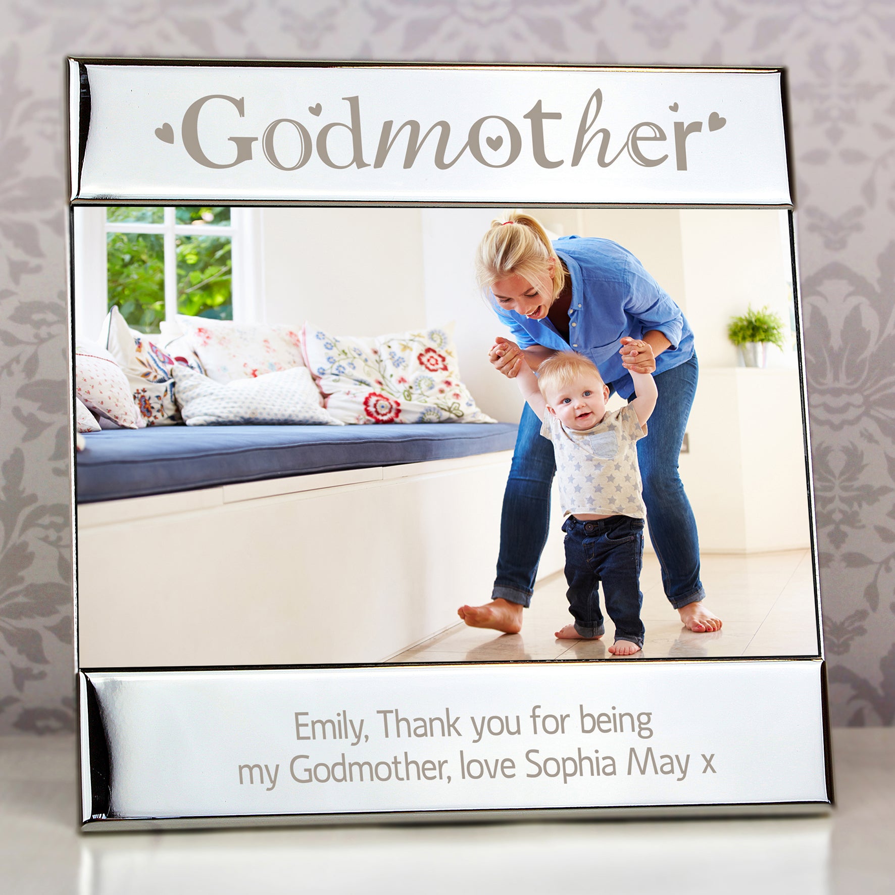 Personalised photo frame with 'Godmother' engraving and a photo of a woman and child.