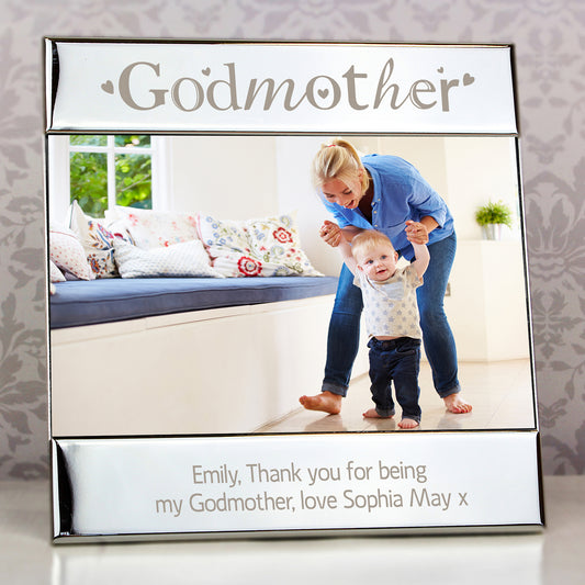 Personalised photo frame with 'Godmother' engraving and a photo of a woman and child.